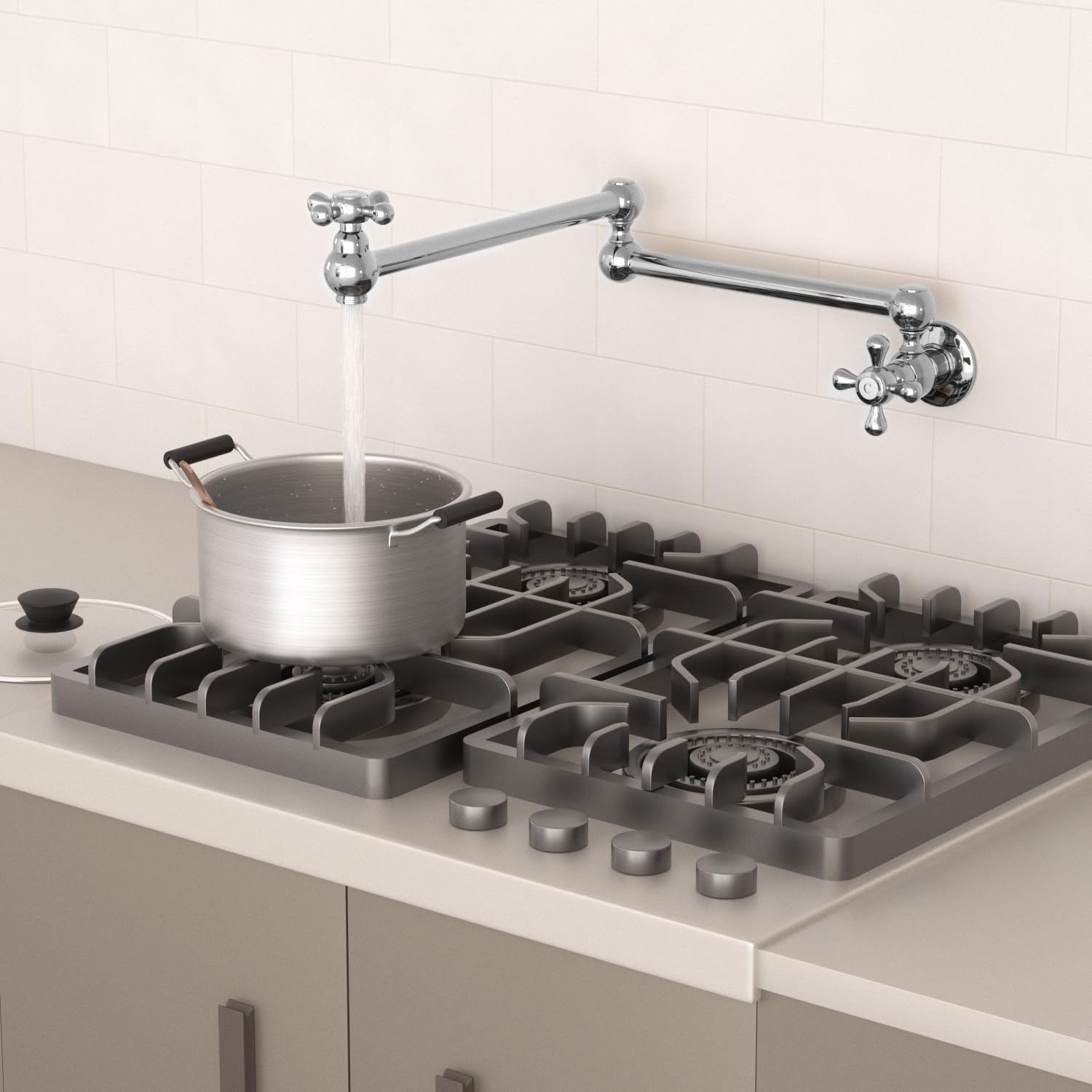 Whshower Kitchen Faucet Folding Stretchable Brass Pot Filler Faucet With Double Joint Swing Arms Wall Mount Kitchen Commercial Sink Stove Pot Filler Folding Faucet, Chrome