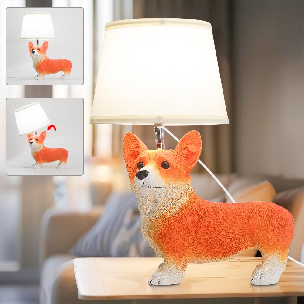 Yltlink Corgi Cute Desk Lamp,Animal Lamp,Resin Dog Statue Puppy Bedside Lamps For Bedroom,Unique Table Lamps Home Office,Room Light For Kids Adults,360°Rotating Fabric Lampshade,Fun Livingroom Decor