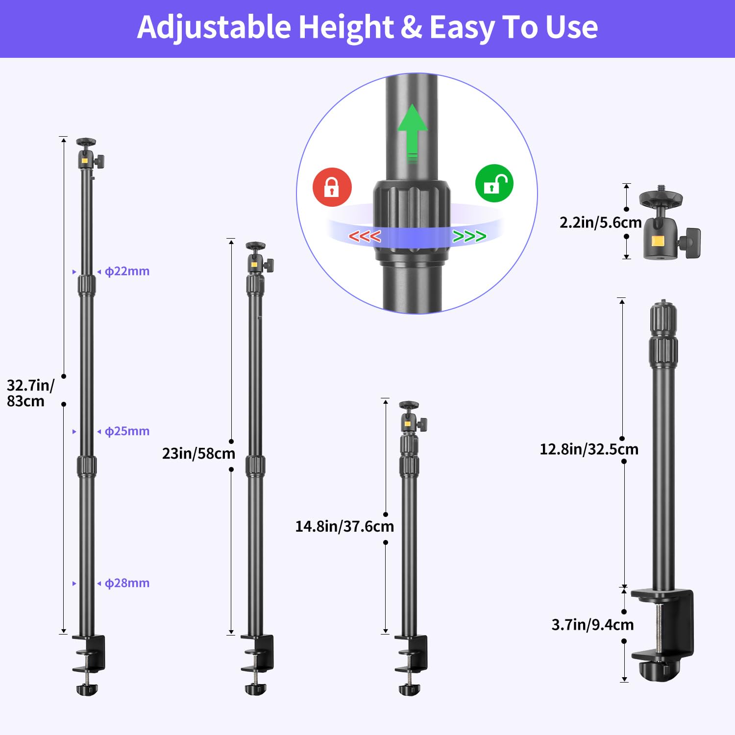 Jinsui Camera Desk Mount Webcam Stand With 360° Ball Head, Adjustable Table Light Stand 14"-33", Tabletop C Clamp For Dslr Camera, Ring Light, Live Streaming, Photo Video Studios