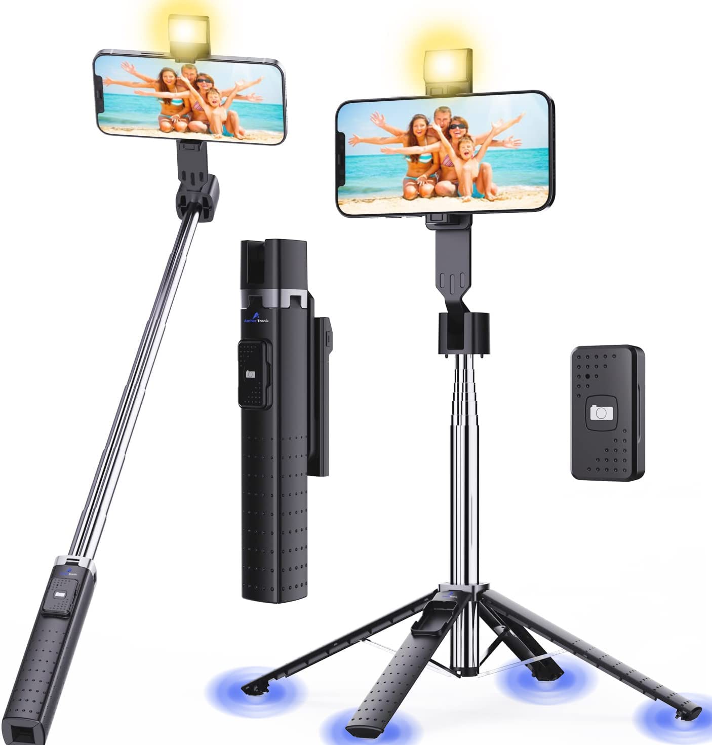 Ambertronix 40” Selfie Stick Tripod Quadrapod, Onboard Light, Wireless Bluetooth Remote, Extendable, Stainless Steel, 3 Light Modes, 9 Brightness Levels, Compatible With All Iphone & Android Devices
