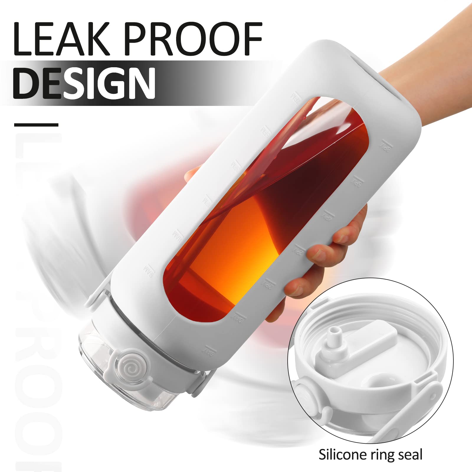 Bluego 64Oz Glass Water Bottles With Straw Time Marker Half Gallon Large Motivational Water Bottle