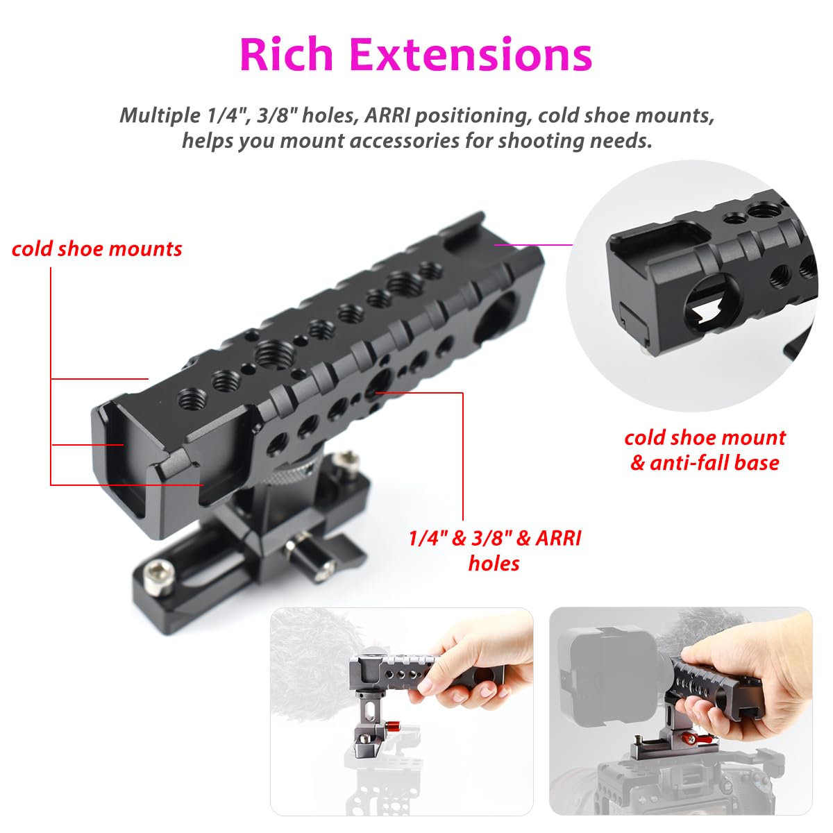 Akeipho Top Dslr Camera Handle, Universal Hand Grip With Quick Release Nato Clamp, 4 Cold Shoes And 1/4" 3/8" Arri Threads For Camera Cage Rig