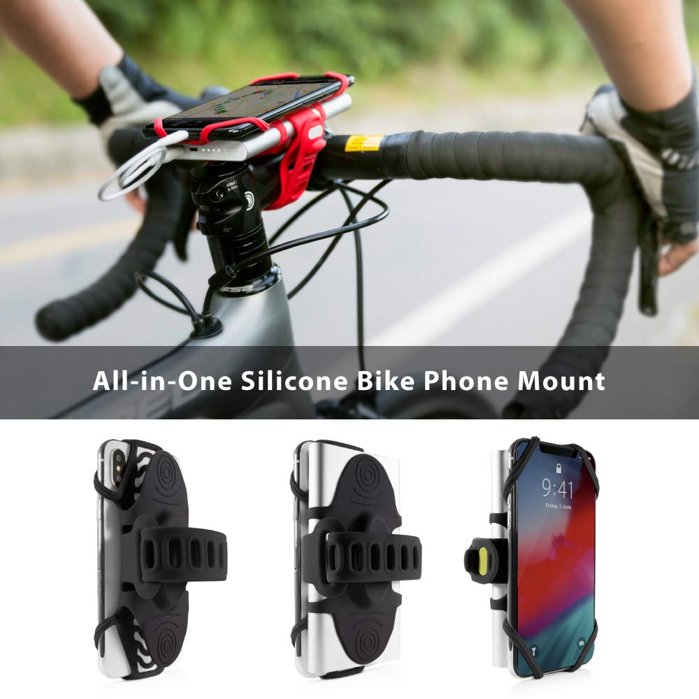 Bone Bike Tie Pro Pack 1, Bike Cell Phone + Charger Mount For Stem, Scratch- Silicone Holder, Universal Cycling Phone + Power Bank Holder Compatible With Most Smartphones (Black - 2-In-1 Mount)