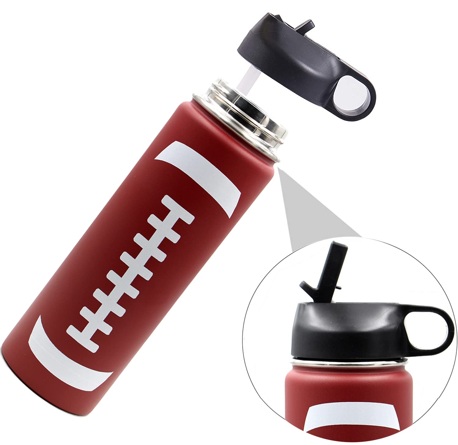 Football Water Bottle, Stainless Steel Thermo Flask With 2 Lids,- Double Wall Vacuum Leak
