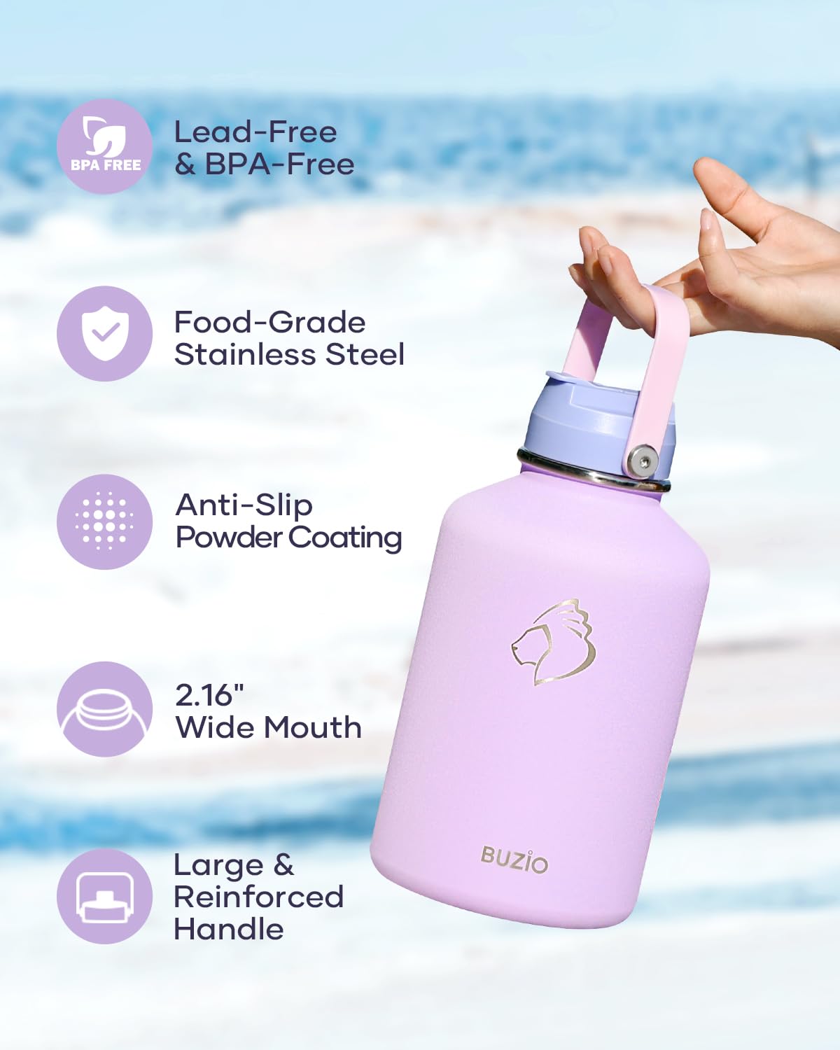64Oz Insulated Water Bottle, Buzio Half Gallon Water Jug Stainless Steel With Straw Lid And Carryin