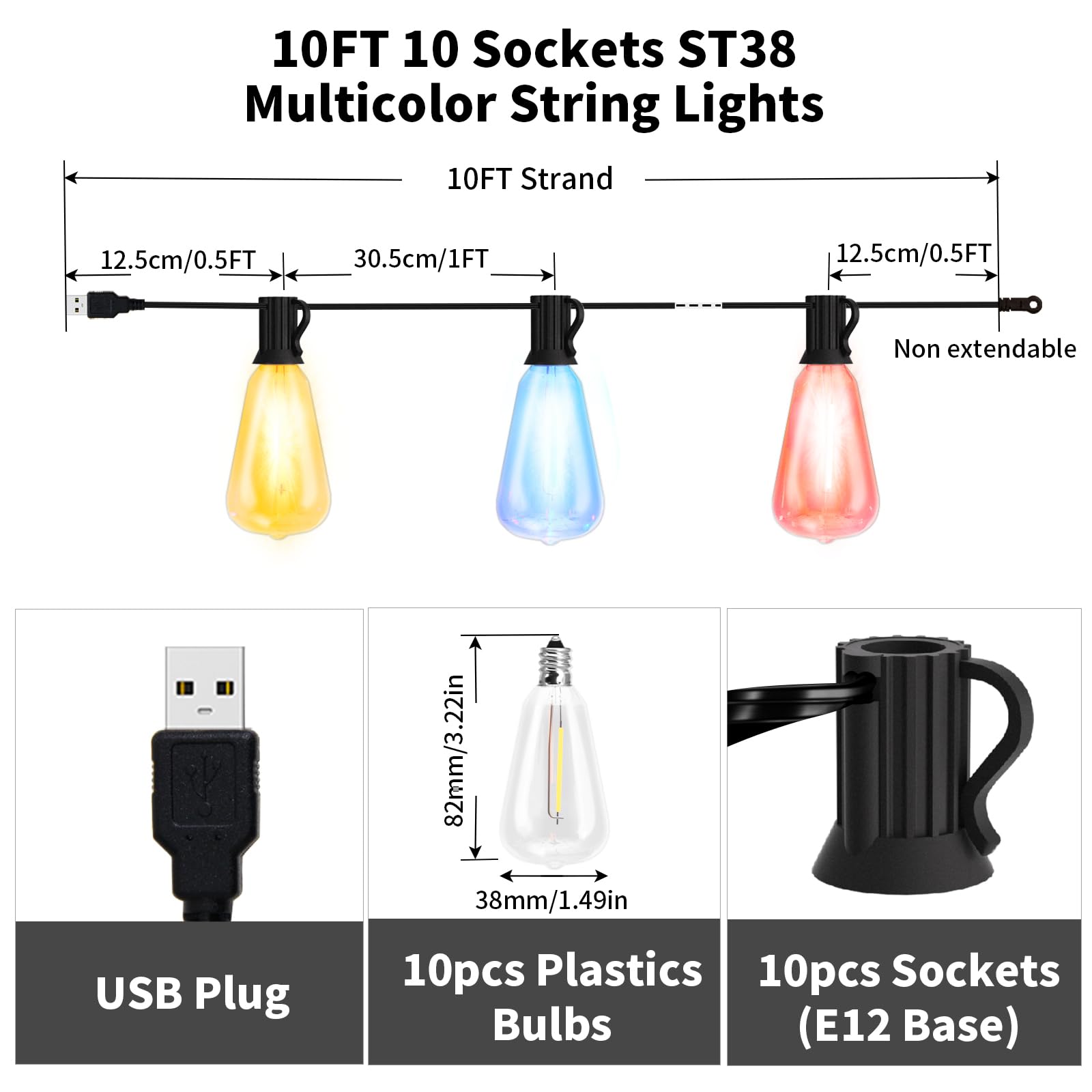 Spacelumen 10Ft Usb Power Colored String Lights, 10Pcs St38 1W Plastic Led Edison Bulbs, Shatterproof, Waterproof Usb Festoon Lights, Perfect For Camping, Christmas Trees & Holiday Decoration