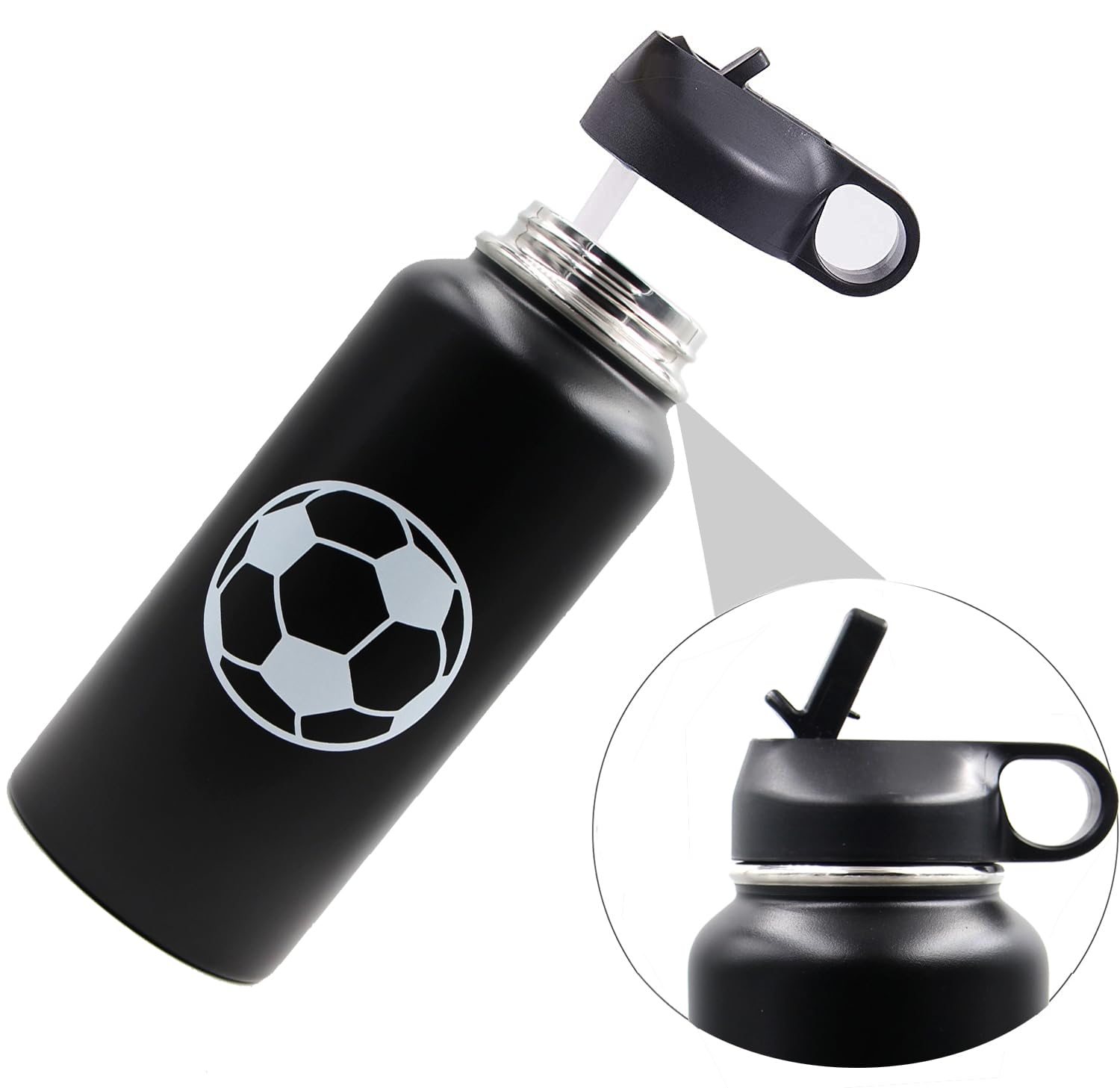 32Oz Soccer Water Bottle, Wide Mouth Sports Flask With 2 Lids Straw Lid And Flex Cap