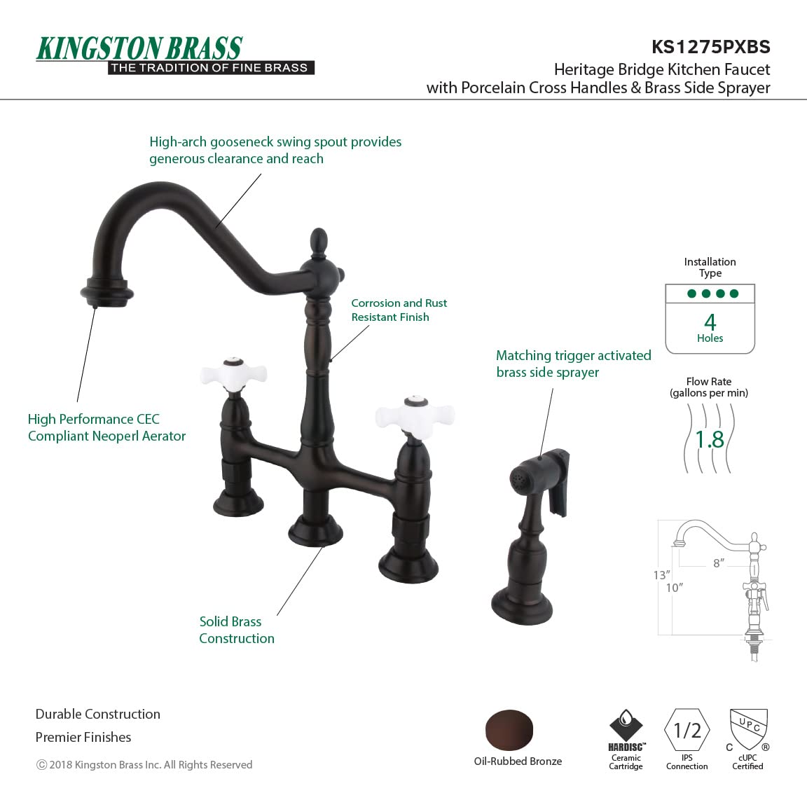 Elements Of Design Kingston Brass Es1275Pxbs Orleans 8' Center Kitchen Faucet With Side Sprayer, 8- 3/4', Oil Rubbed Bronze