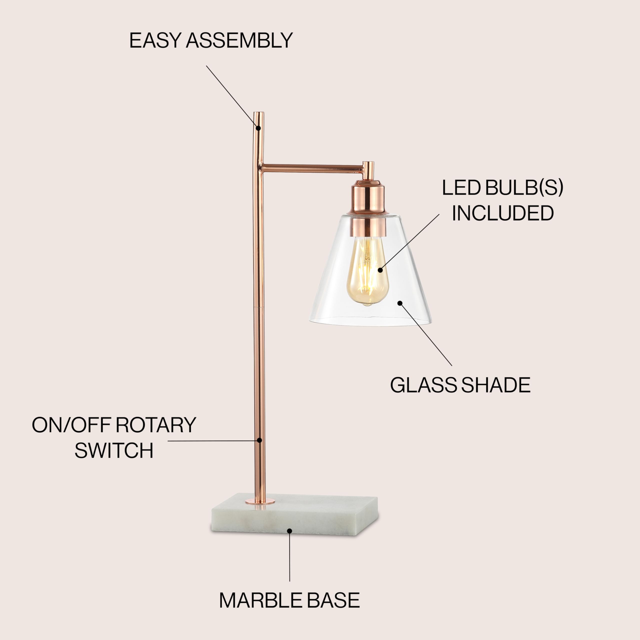 Jonathan Y Jyl1100A Lorena 22.25" Modern Glam Metal/Marble Led Table Lamp Contemporary Mid-Century Bedside Desk Nightstand Lamp For Bedroom Living Room Office College Bookcase, Copper