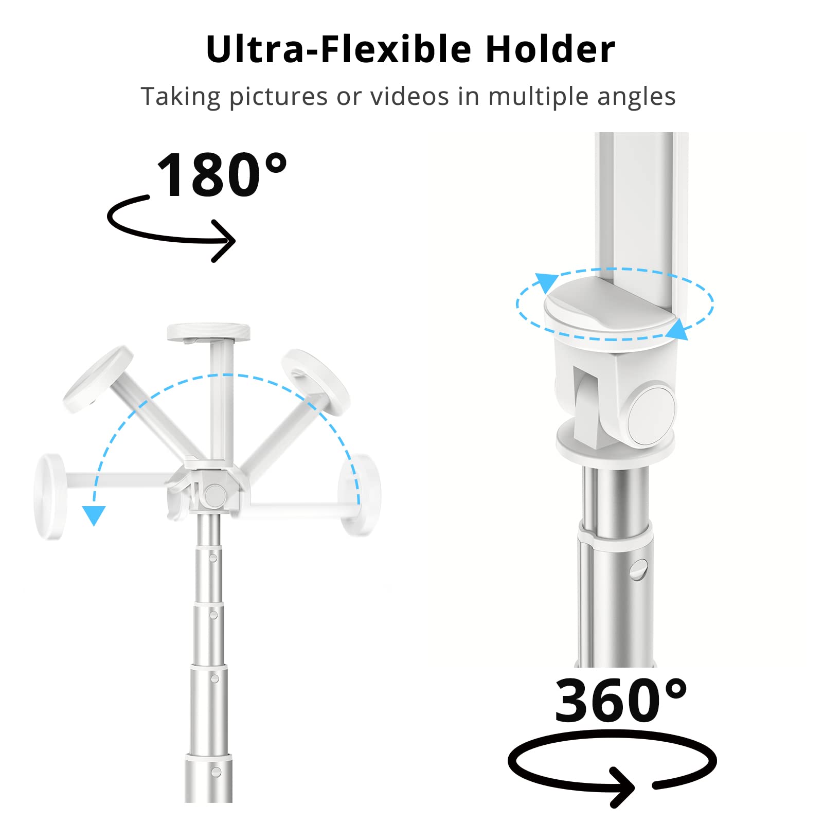 Atumtek 51" Selfie Stick Tripod, All In One Extendable Phone Tripod Stand With Bluetooth Remote 360° Rotation For Iphone And Android Phone Selfies, Video Recording, Vlogging, Live Streaming, White