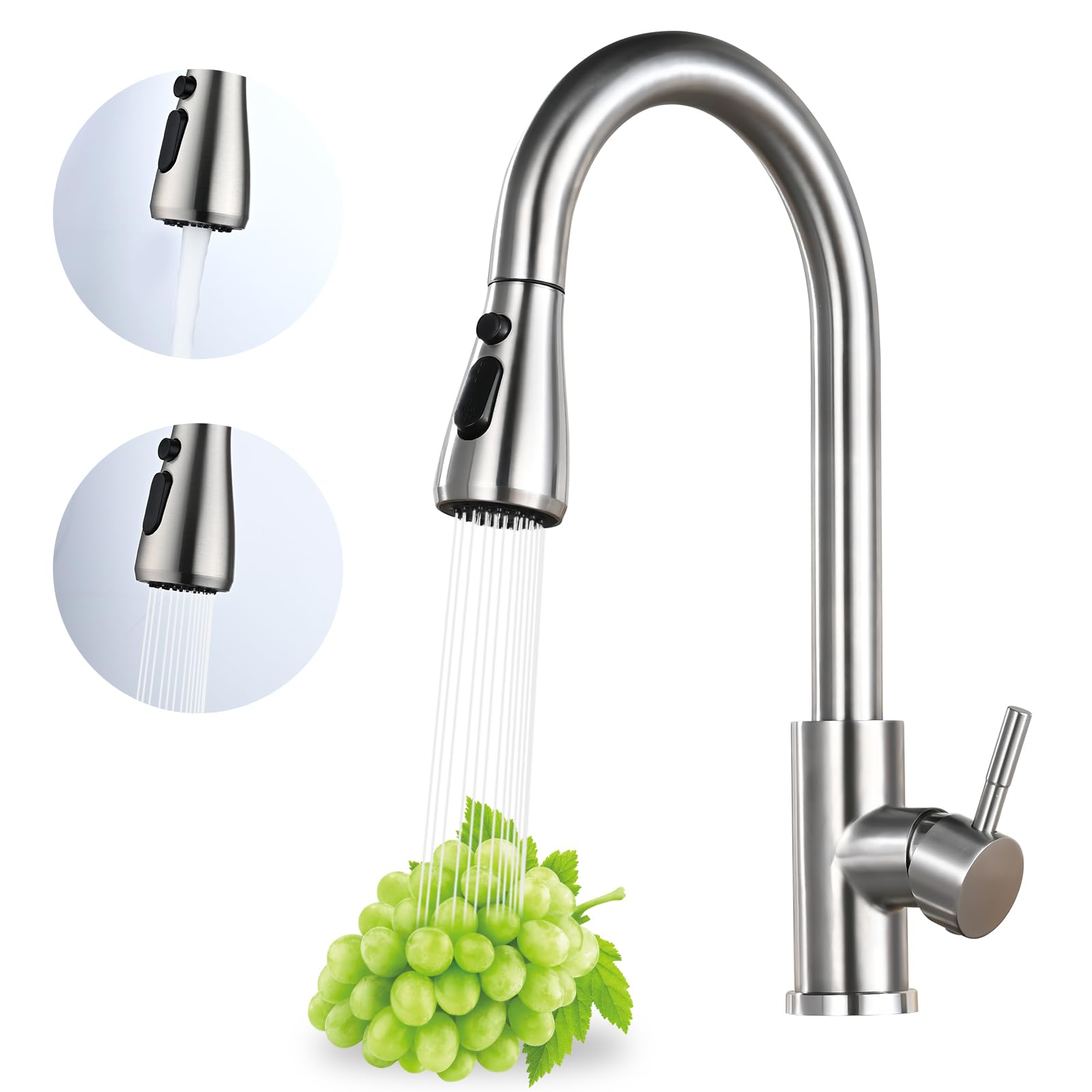 Jlerli Kitchen Faucet With Pull Down Sprayer, High Arc Brushed Nickel Single Handle Kitchen Sink Faucet, Stainless Steel, 3 Mode(Stream/Spray/Pause), 360° Swivel, Grifos Para Fregaderos De Cocina