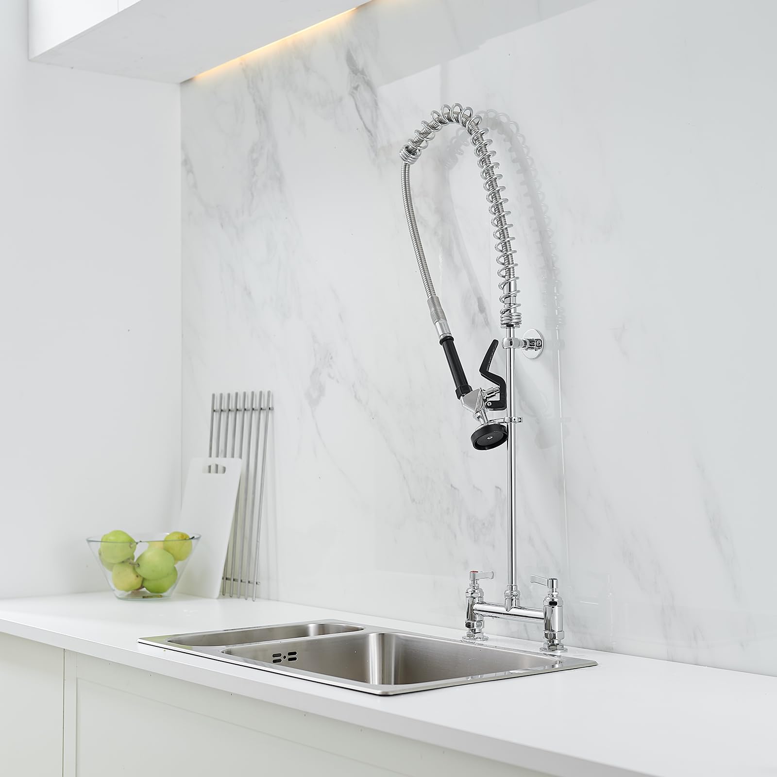 Greenspring 43" Height Chrome Commercial Kitchen Faucet With Pre-Rinse Sprayer For Kitchen Sink Brass Kitchen Sink Faucets For 2 Hole Sink Deck Mount For Restaurant Hotel