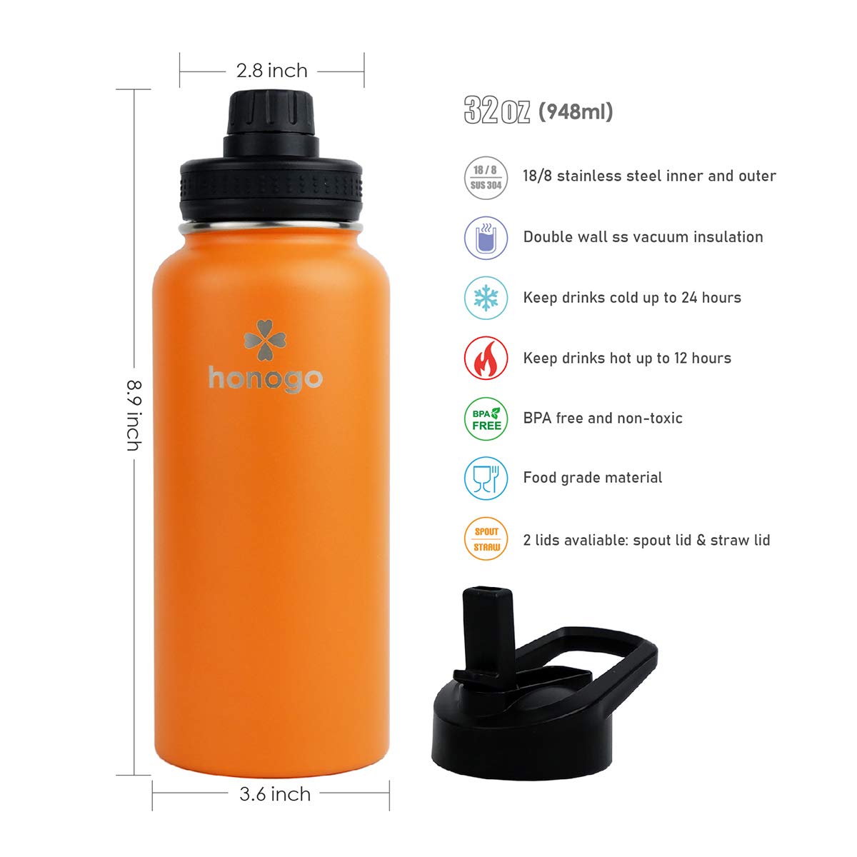 32 Oz Powder Coated Double Wall Vacuum Insulated Sports Water Bottle, 18/8 Stainless Steel Wide