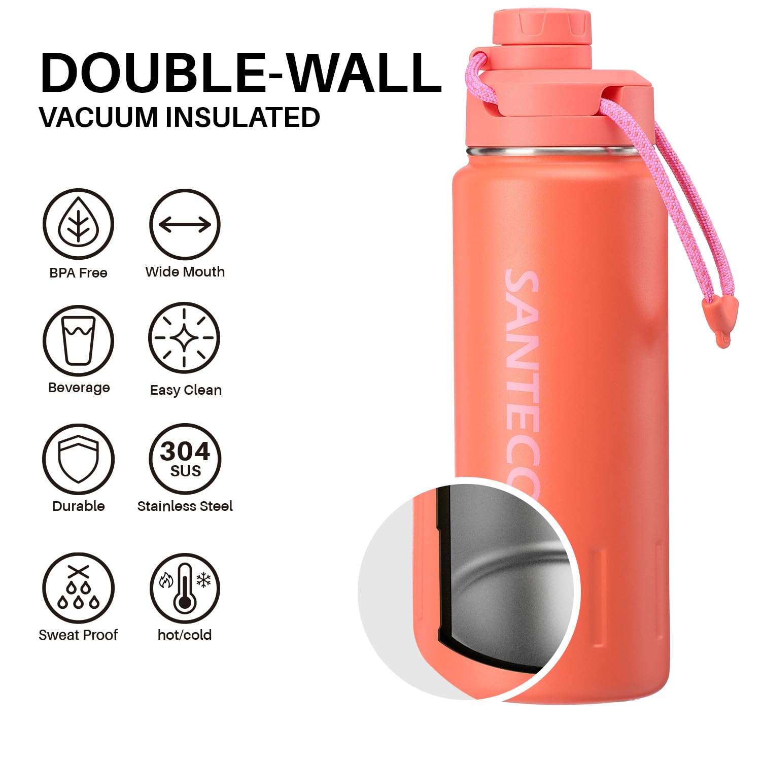 Insulated Water Bottles 24 Oz, Santeco Stainless Steel Bottle With Lanyard & Wide Mouth Spout Lid