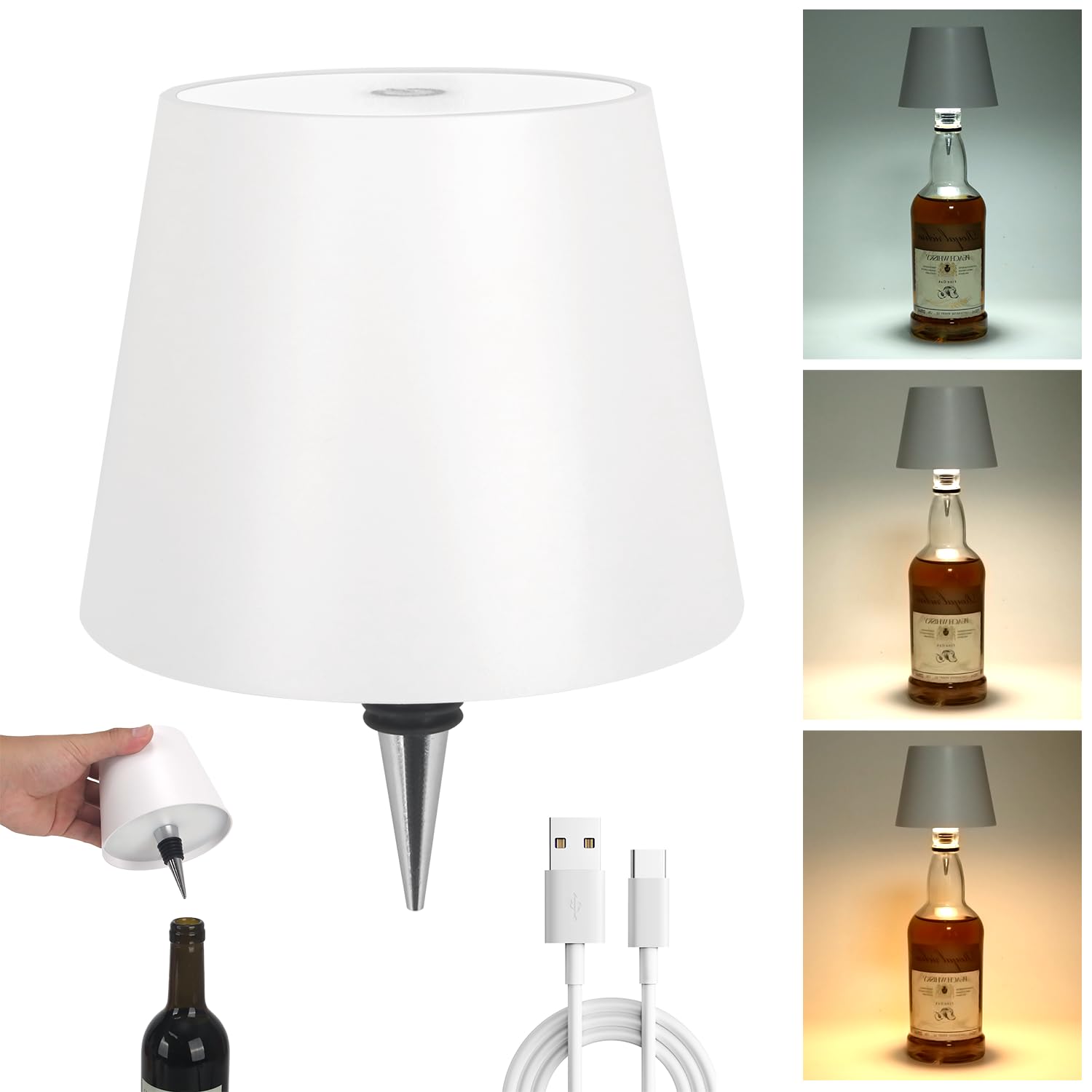 Eogow Wireless Bottle Lamp, Portable Led Wireless Bottle Lamp With 3 Color Dimming, Rechargeable Wine Bottle Light Head, Touch Table Lamp For Bedroom Bar Restaurant Christmas (White 003)