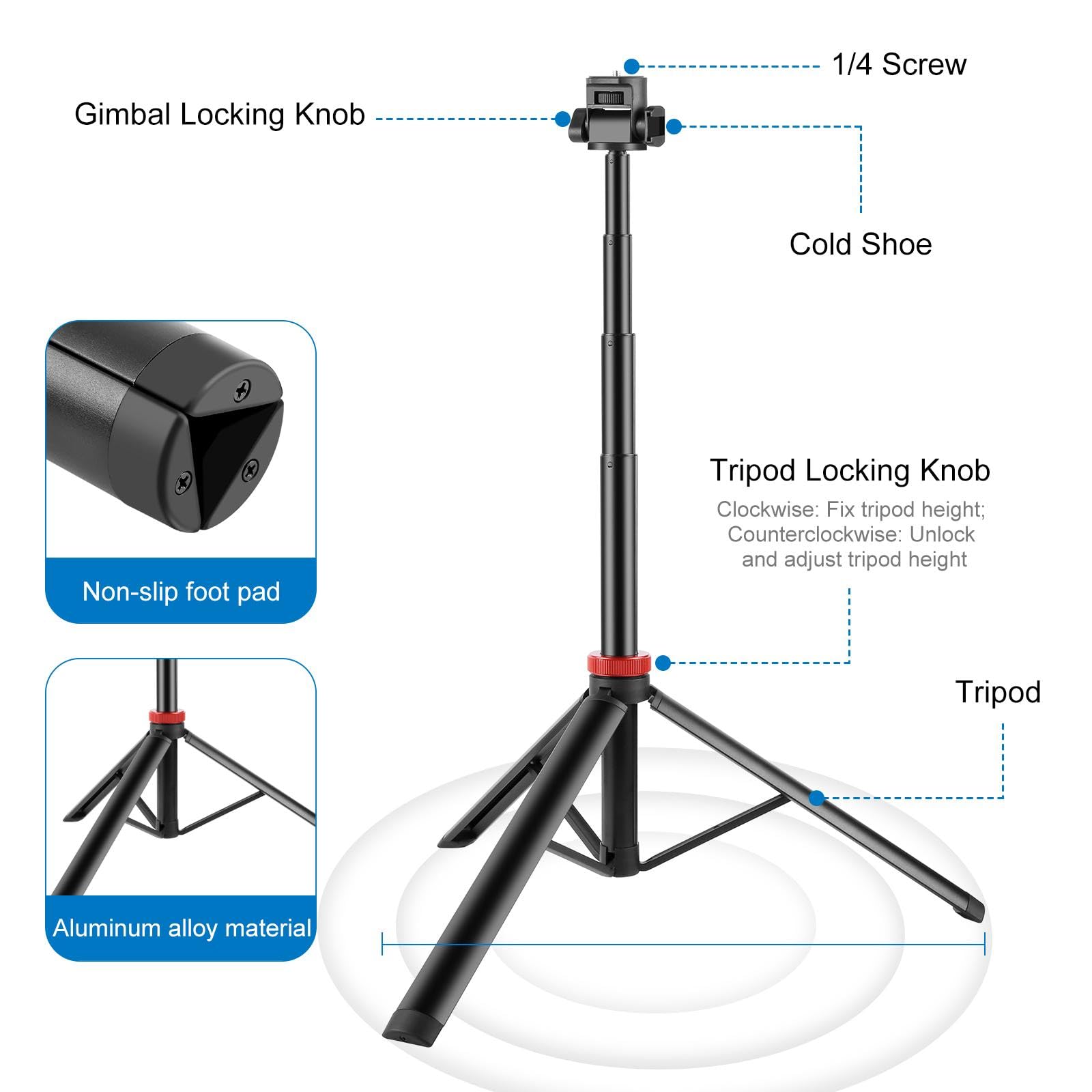 Xkdaich Extendable Camera Tripod Photography Light Stand, 80" Portable Aluminum Selfie Stick Fill Cob Light Tripod For Continute Output Lighting, Strobe, Webcams With 1/4" Screw, 360 Ball Head, Cold Shoe