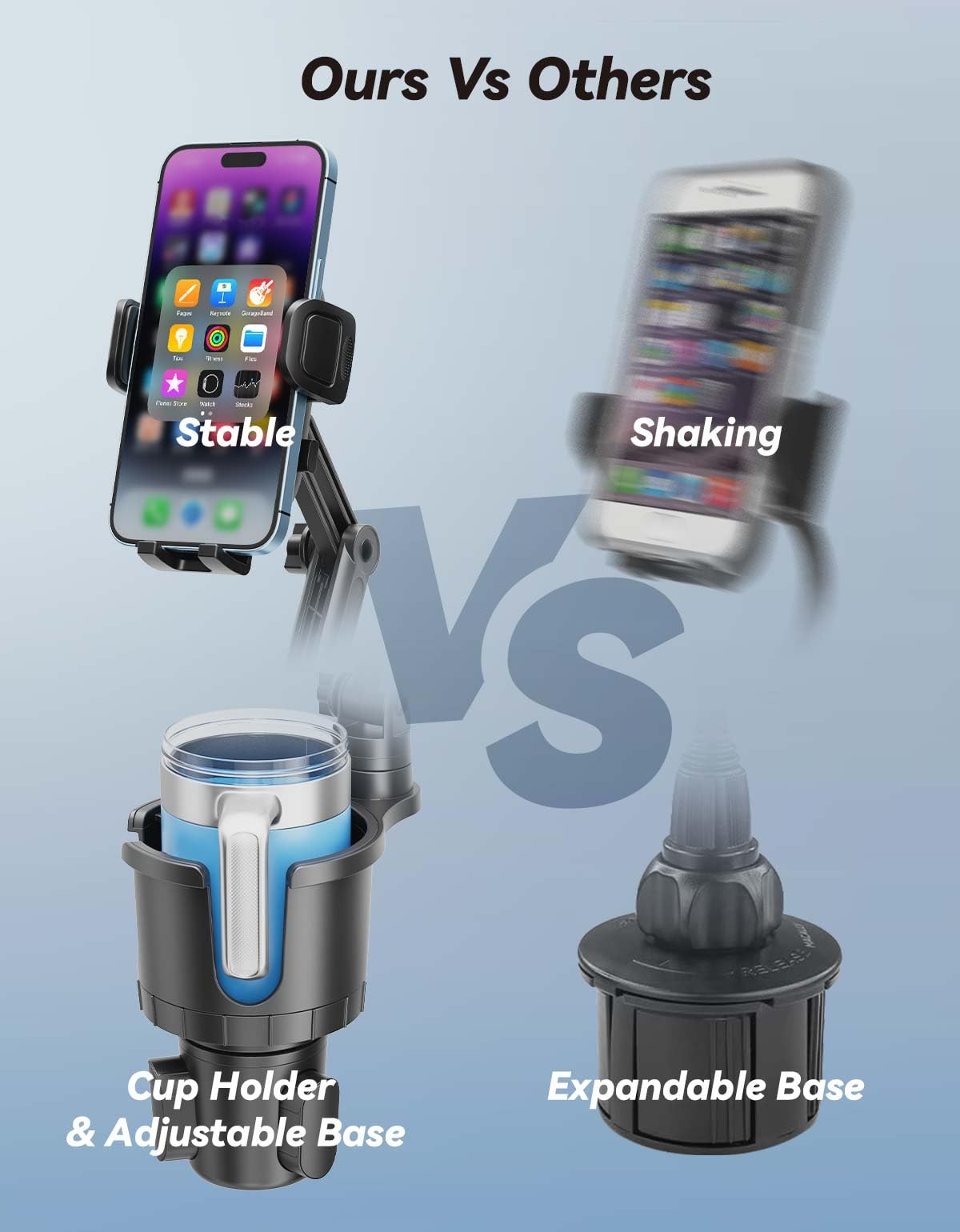 Wavecuer Cup Holder Phone Mount For Car, Phone Cup Holder For Car Iphone With Expandable Base, Compatible With Iphone Samsung All Phones (1 Pack)