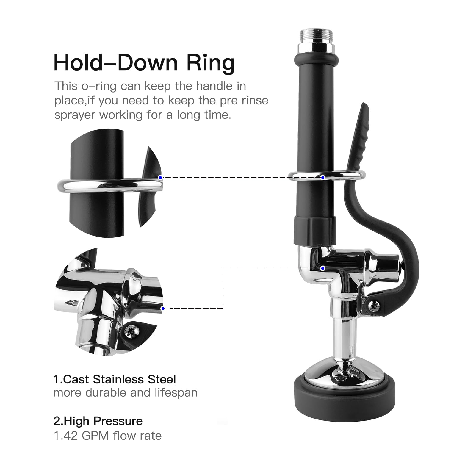 Gosifaca Commercial Sink Sprayer Pre Rinse Sprayer With Ergonomic Handle 1.42Gpm Dish Spray Nozzle Spray Valve,Faucet Parts For Commercial Kitchen Sink,Polished Chrome Finished (Black)
