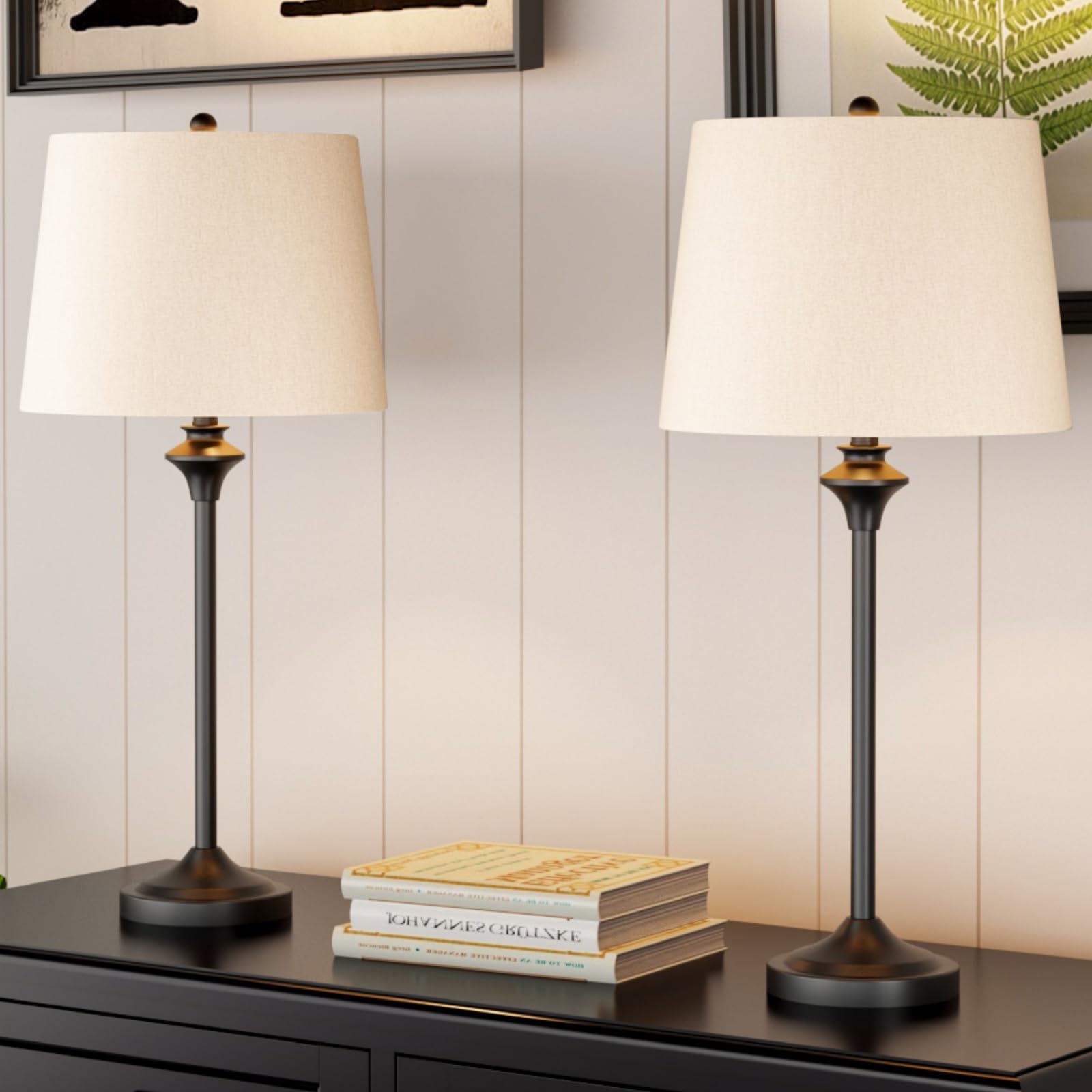 Hightry Table Lamps Set Of 2 For Living Room, Black Buffet Lamps Metal Nightstand Lamps With Oatmeal Fabric Shade, 26” Tall Bedside Desk Lamps For Bedroom, Living Room, Home Office