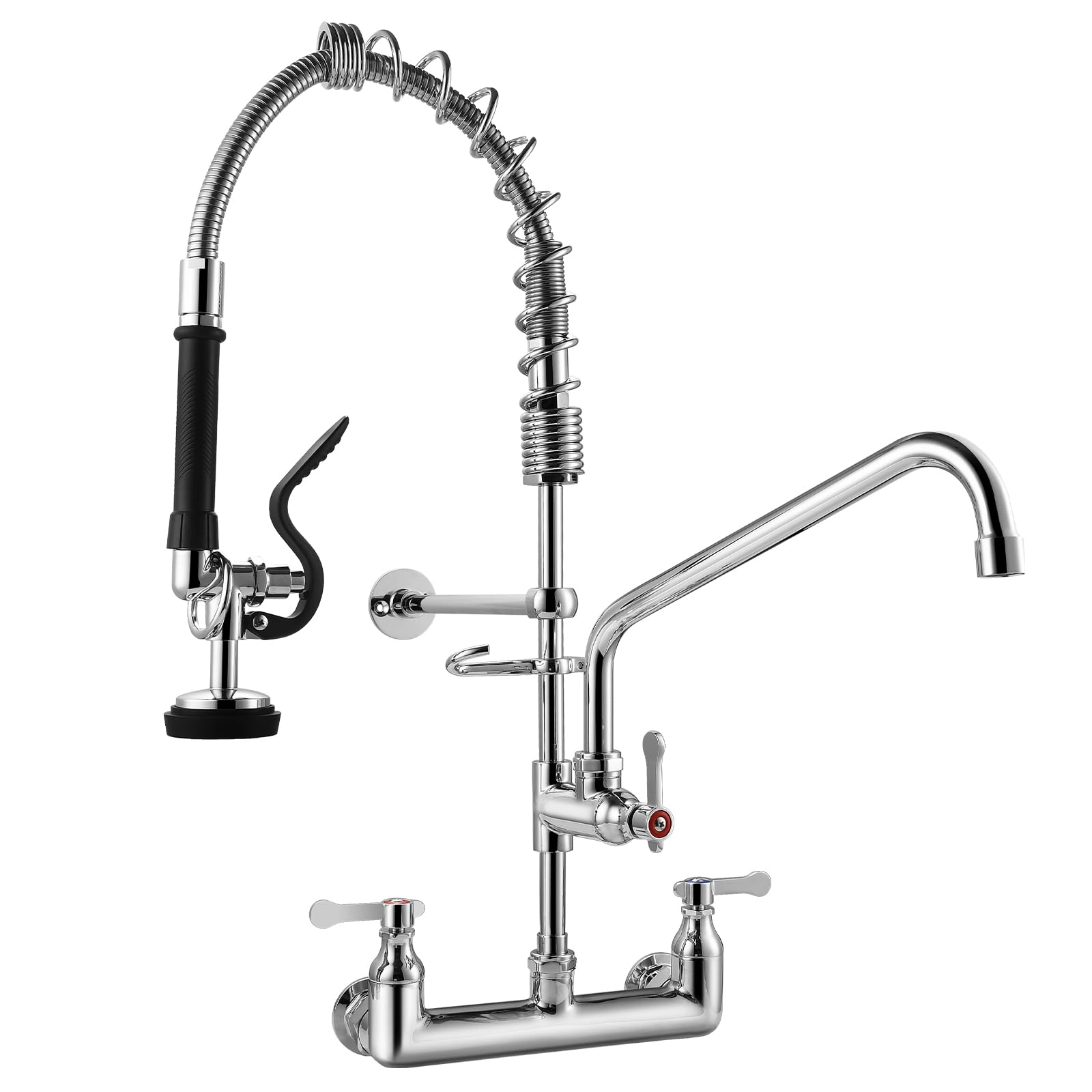 Oierzin Commercial Kitchen Faucet With Pre-Rinse Sprayer 8 Inch Center Wall Mount Kitchen Sink Faucet With Pull Down Spray - 25" Height Compartment Sink Faucets With 12 Inches Add-On Spout