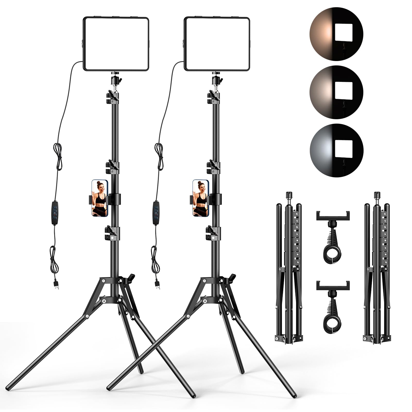 Altson 2 Packs Video Light Kit, Led Studio Light, 2700-6500K Dimmable Photography Lighting Kit With Tripod Stand&Phone Holder, 12" Rotating Streaming Light For Video Recording, Game Streaming, Youtube