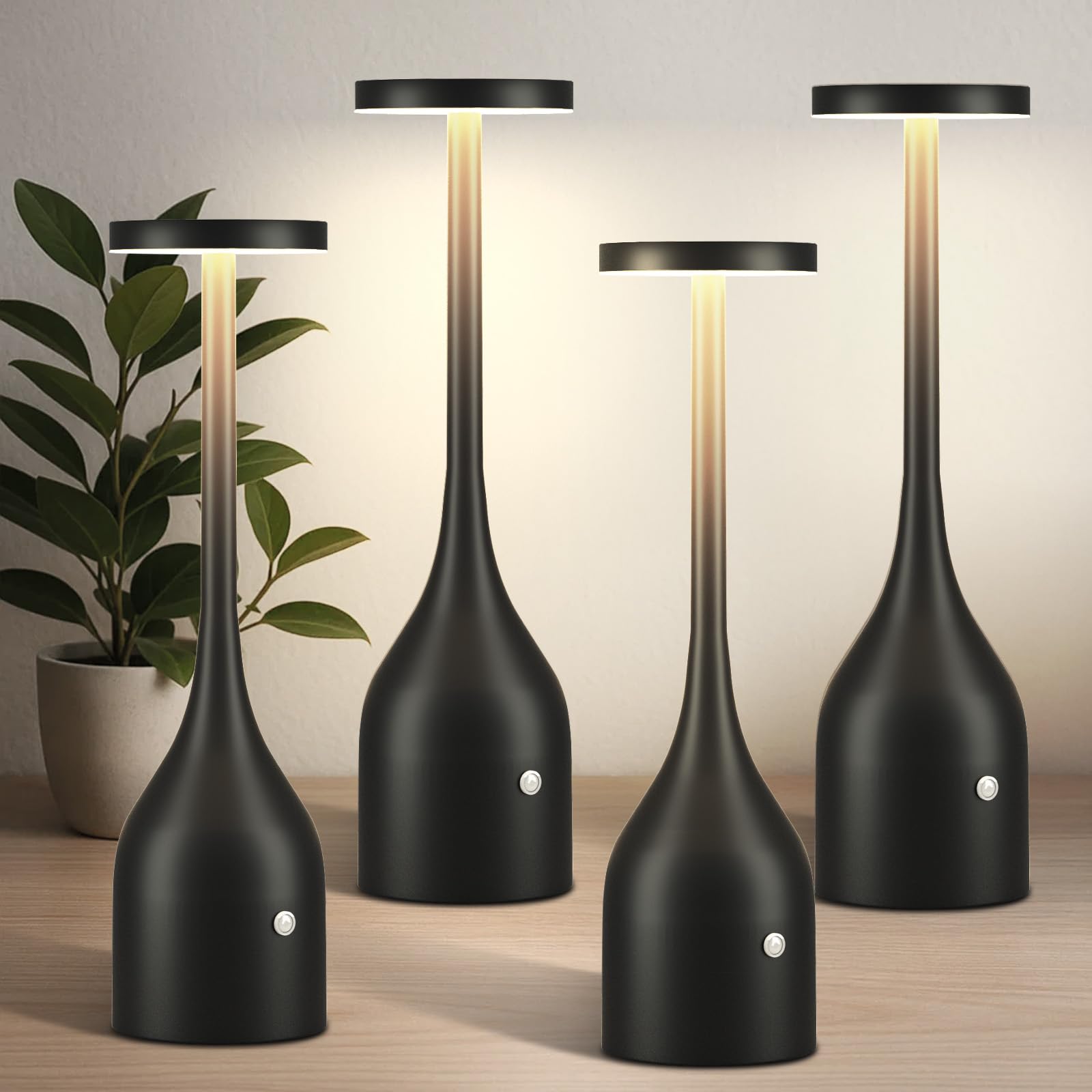 Yinduz Cordless Table Lamp Set Of 4, Rechargeable 3 Color Stepless Dimming Battery Operated Lamp, Portable Metal Desk Lamps, 5000Mah Led Table Light For Restaurant Bedroom Bedside, Touch Control Light