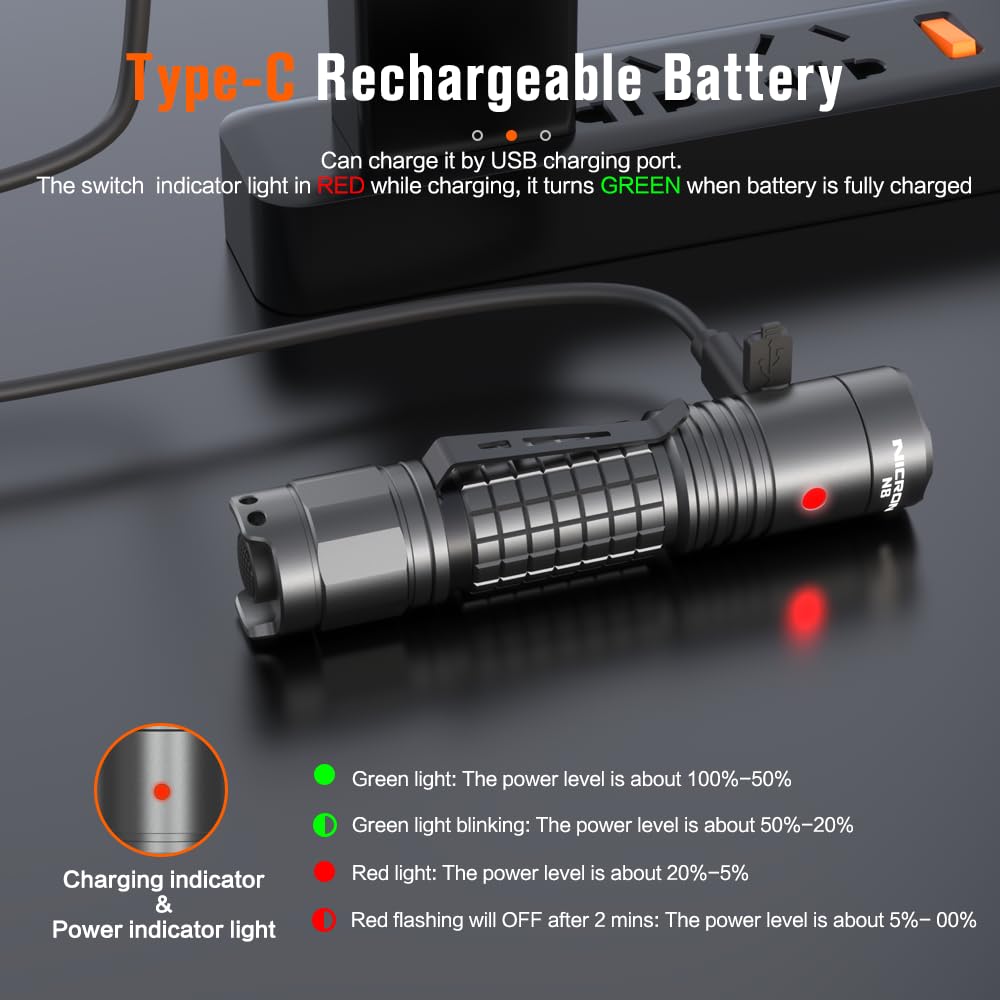 Nicron Rechargeable Flashlights, N8 Flashlights High Lumens 6 Modes Super Bright Tactical Flashlight, Ipx8 Waterproof 1300 Lumens Flashlight For Camping, Emergency, Outdoor, Inspection