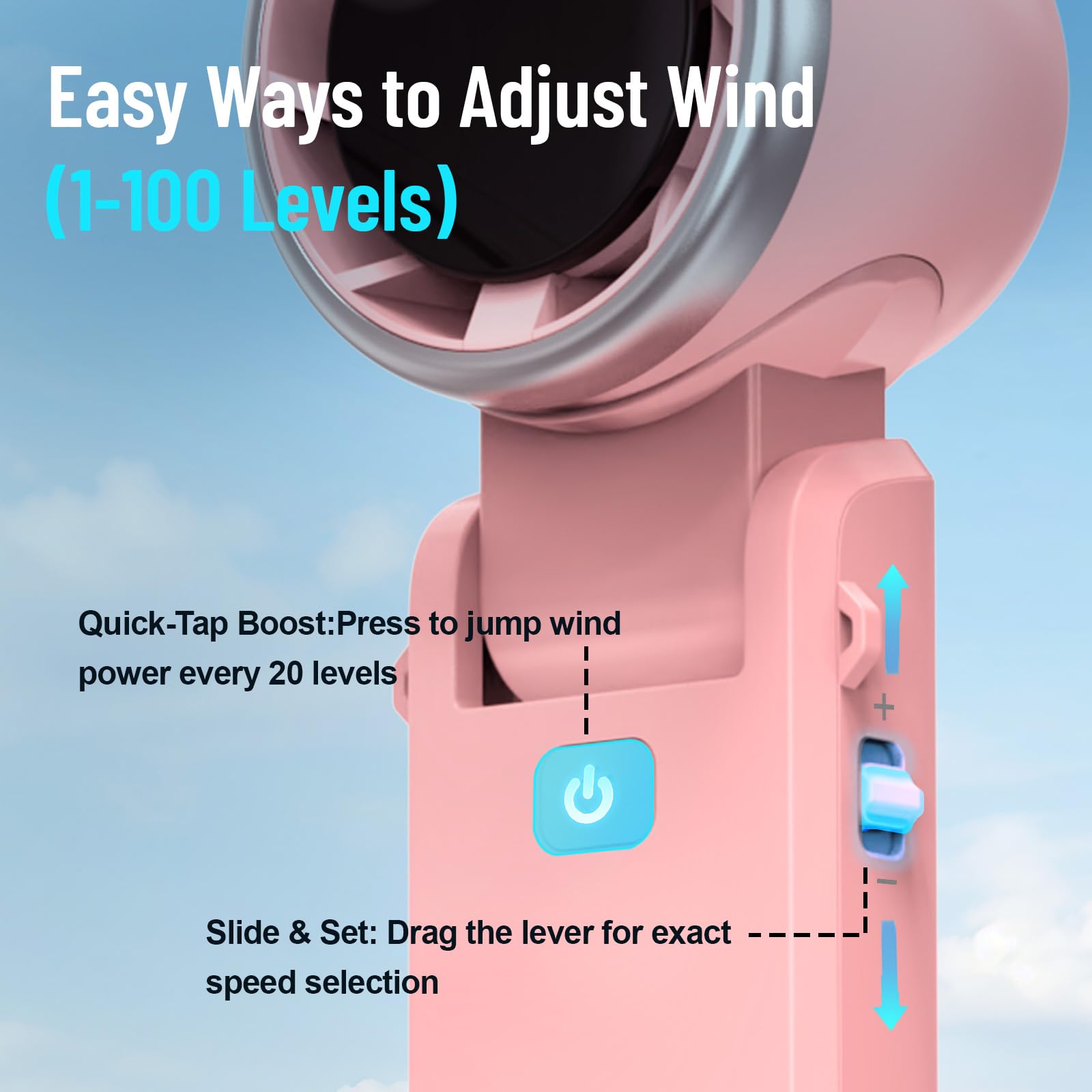 Adjustable wind speed handheld fan with 100 settings perfect for personal cooling