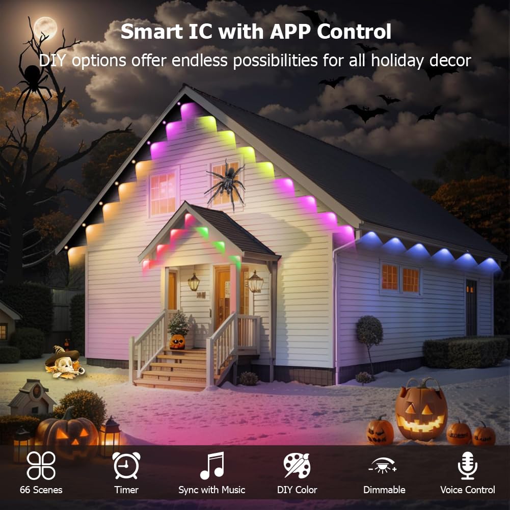 Ecomylife Solar Permanent Outdoor Lights For House, 50Ft Smart Rgb Plus Ic String Light For Outside With 66 Modes, Work With Alexa, Ip67 Waterproof Led Strip Lights For All Holiday Decor (Solar-Powered 50Ft)