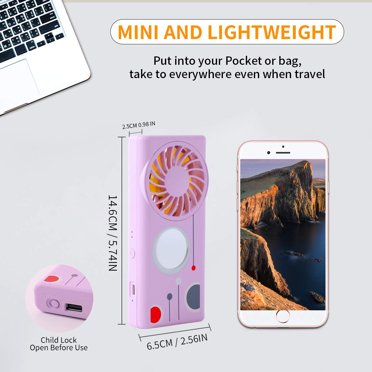 Handheld Mini Fan, 3 In 1 Makeup Mirror Fan, Usb Rechargeable Fan With Led Light Fragrance