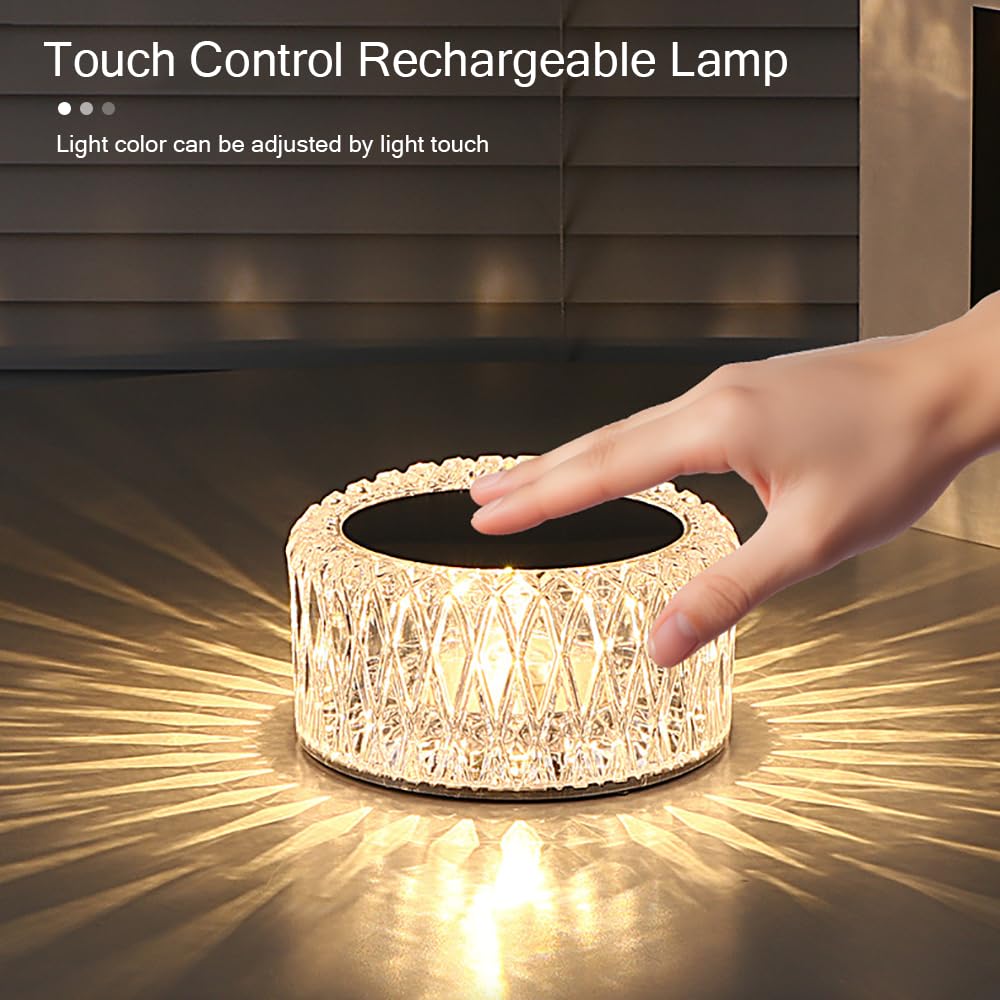 Ejfoiej Portable Crystal Led Table Lamp, 3-Levels Brightness Desk Lamp, 3 Color Touch Control Rechargeable Night Light