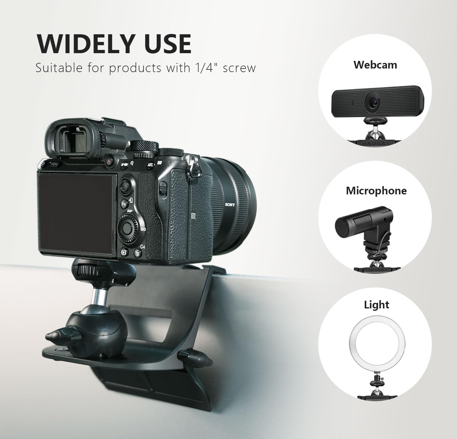 Raubay Cm01 Monitor Top Camera Mount Clamp, Hanging Webcam Stand With 1/4" Screw, Suitable For Flat-Screen Monitors, For Live Stream, Video Conferencing, Youtube, Tiktok, Etc.