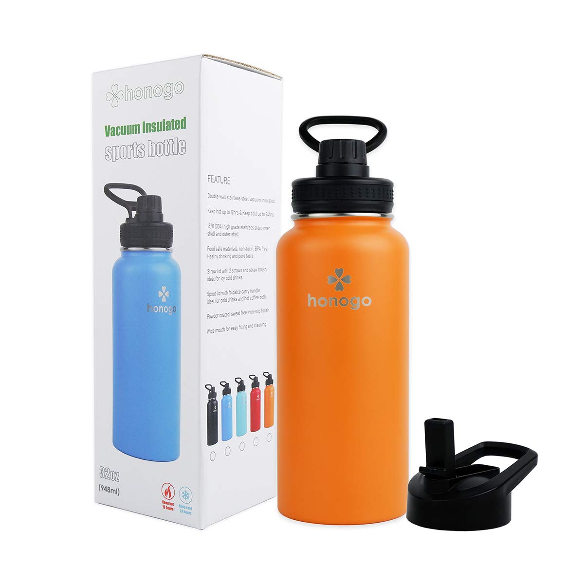32 Oz Powder Coated Double Wall Vacuum Insulated Sports Water Bottle, 18/8 Stainless Steel Wide