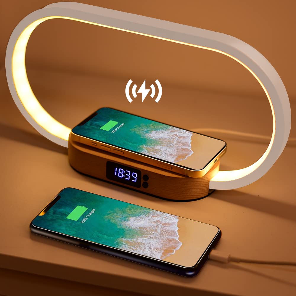 Donewin Bedside Lamp With Clock, Usb Port, 15W Fast Wireless Charger, Touch Table Lamps For Nightstand, Bedroom,Wood Decor,Stepless Dimming&3 Color Modes