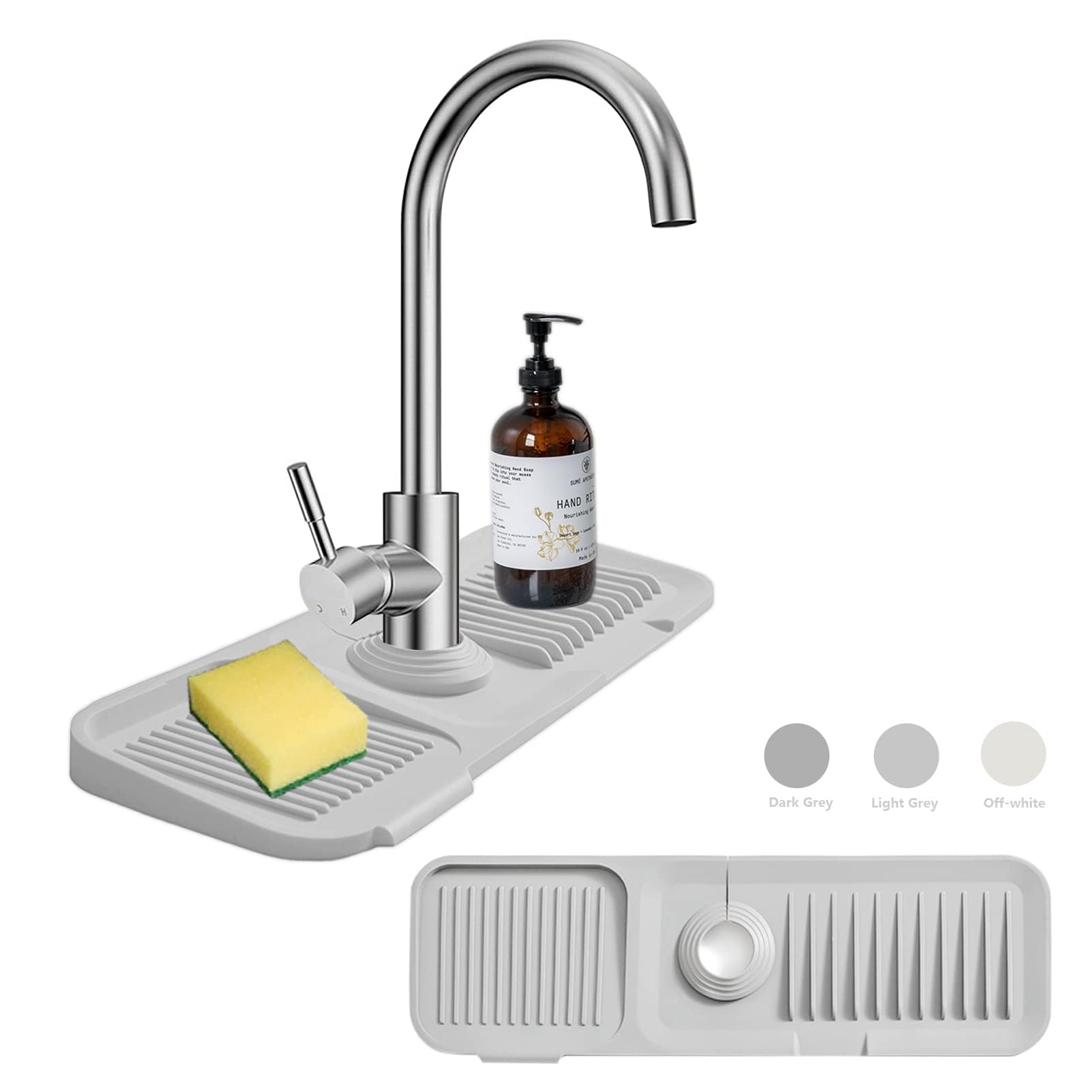 Moodkey Kitchen Sink Splash Guard Sponge Holder For Kitchen Sink Silicone Faucet Handle Drip Catcher Tray Sink Protector For Kitchen Sink Faucet Mat Fits The Faucet Tube Within 2.5"(Light Grey,17.7'')