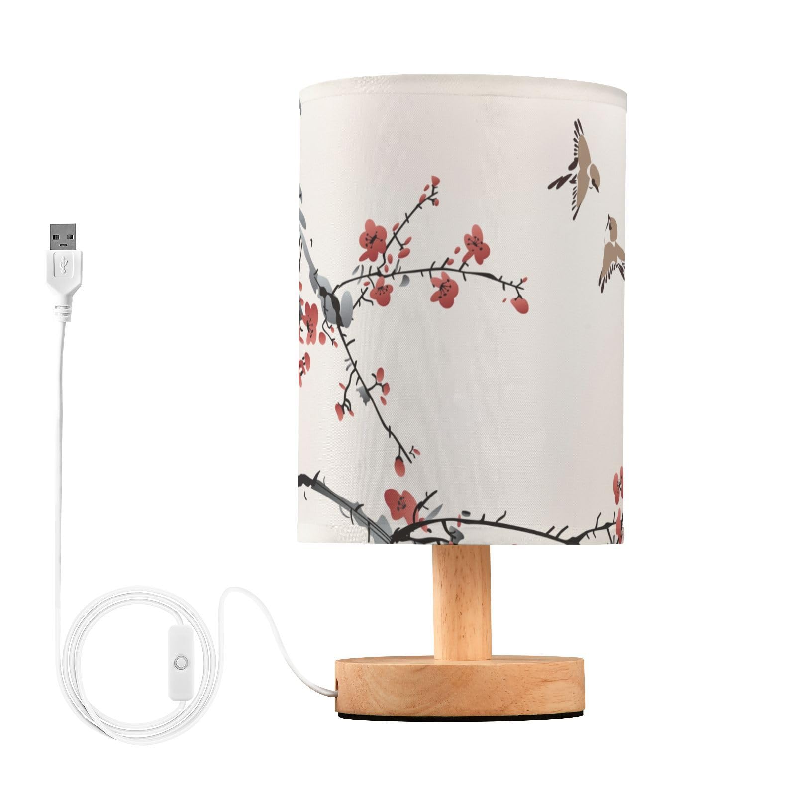 Oarencol Bedside Table Lamp Japanese Cherry Blossom Nightstand Lamp With Wood Wintersweet Bird Vinter Floral Desk Lamps For Bedroom Living Room Nursery Office Home Decor