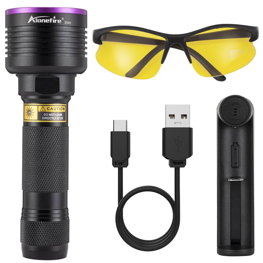 Alonefire Sv41 395Nm Uv Flashlight 10W Rechargeable Blacklight Black Light Urine Detector For Resin Curing, Dry Glue, Fishing, Minerals With Uv Protective Glasses, Charger, Battery Included