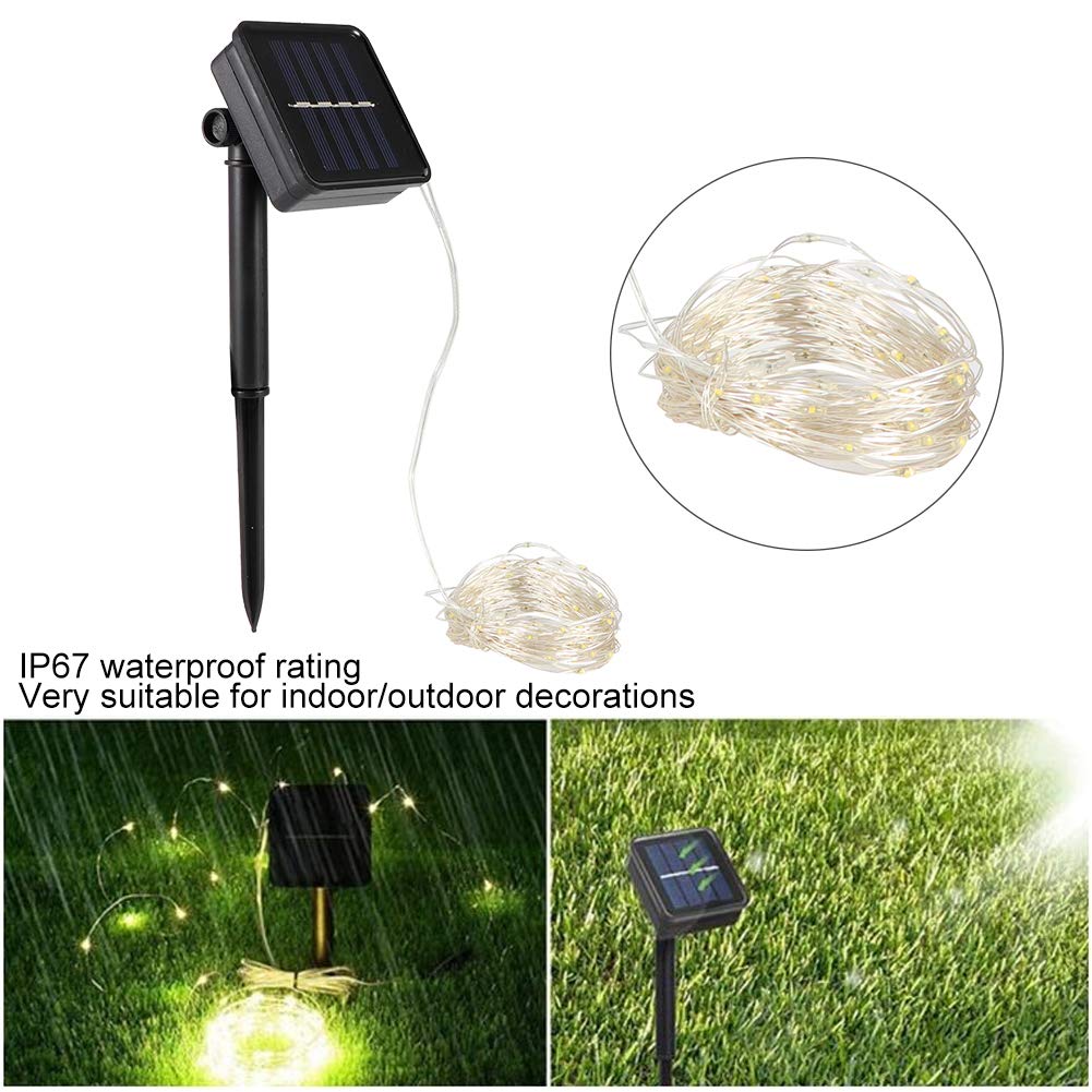 Walfront 32.8Ft 100Led Solar Copper Wire String Light 8 Modes Garden Decoration Decorative Fairy Warm Lights, Solar Light