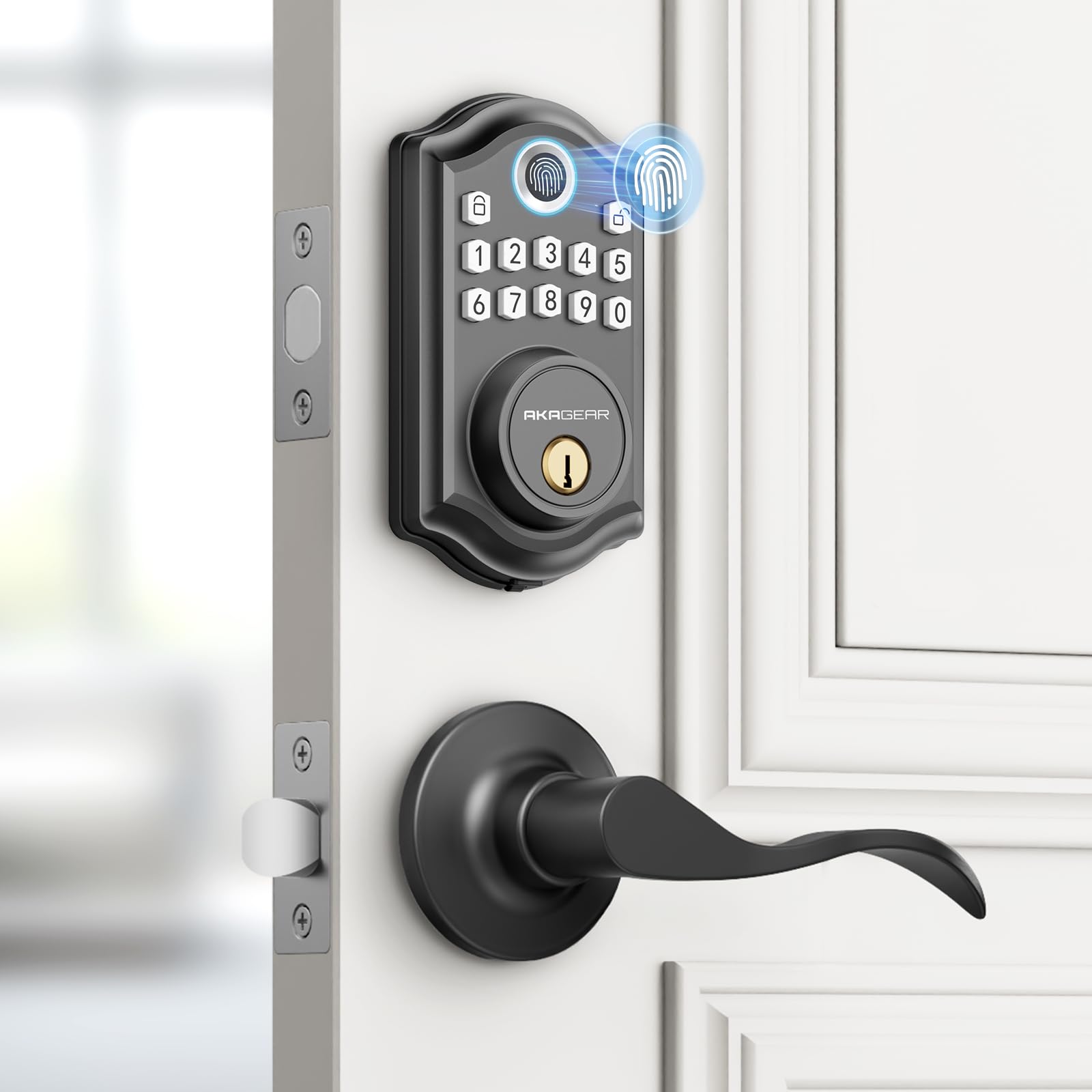 Akagear Keyless Entry Door Lock With Handle - 2 Lever Handles, Fingerprint Door Locks, Electronic Keypad Deadbolt, 2 Keys, Smart Doors Lock, Auto-Lock & One Touch Locking, Easy Installation