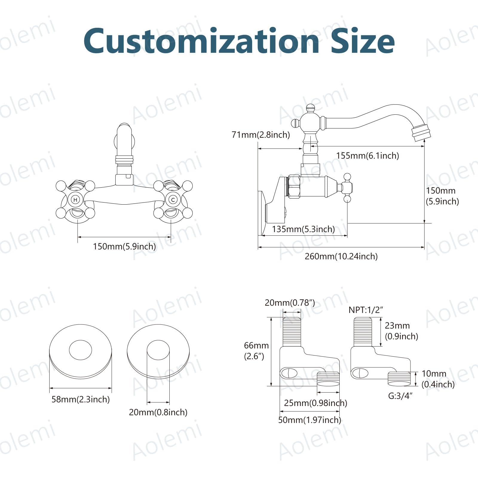 Aolemi Oil Rubbed Bronze Wall Mount Kitchen Faucet, 6 Inch Spout, Adjustable Center 3 To 9 Inch, 2 Hole Two Cross Handle Mixer Tap