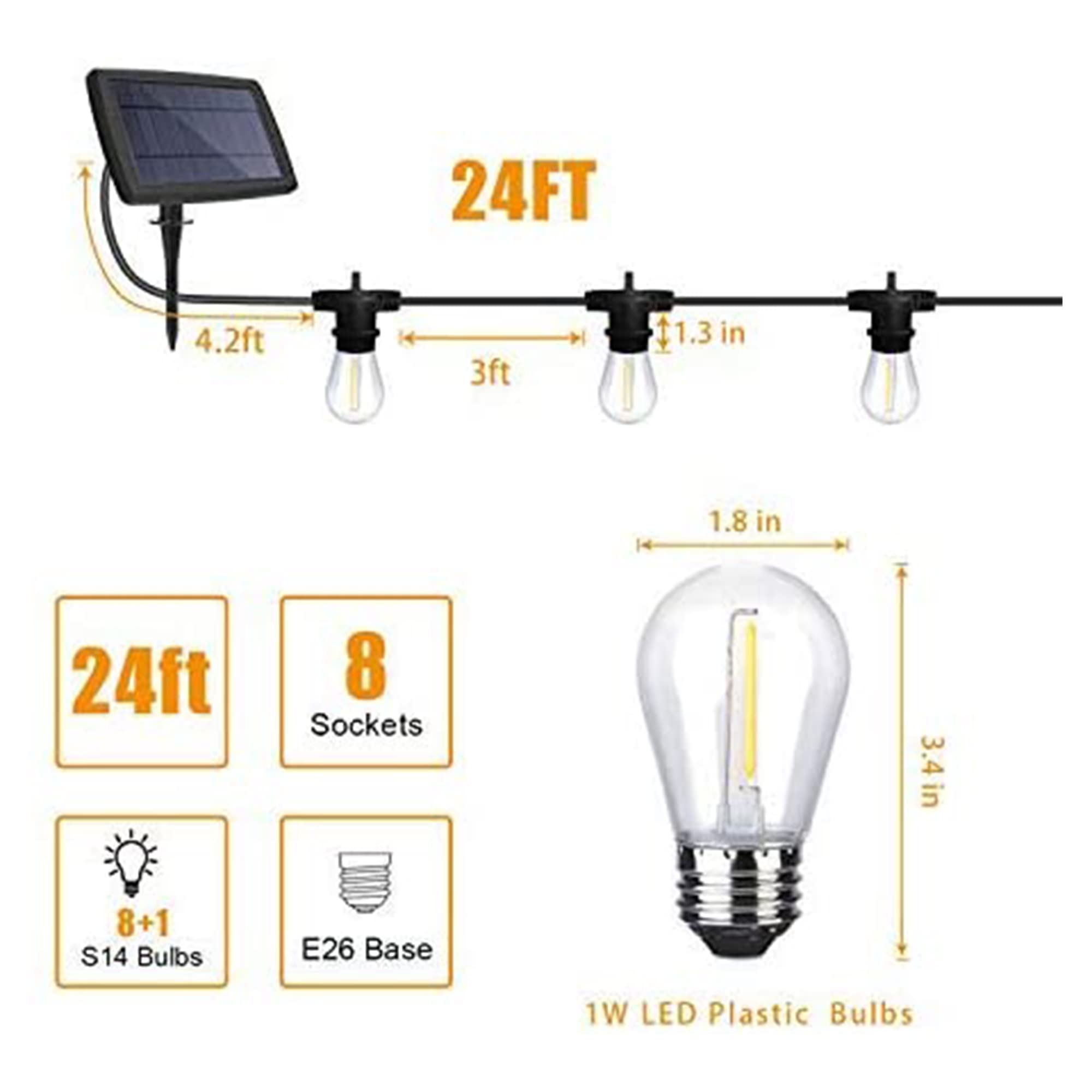 Fmart Banord Led 24 Foot Solar Powered String Lights With Vintage Style Waterproof, Shatterproof Plastic Bulbs For Exterior Decoration And Outdoor Use