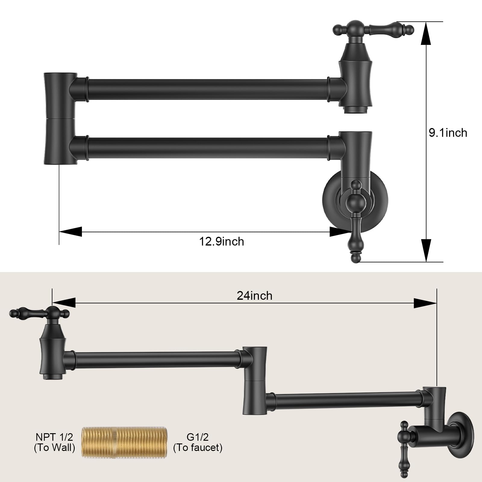 Arcora Brass Pot Filler Faucet Black: Wall Mount Commercial Pot Filler With Double Joint Swing Arms - Traditional 2 Handle Kitchen Pot Faucet Over Stove