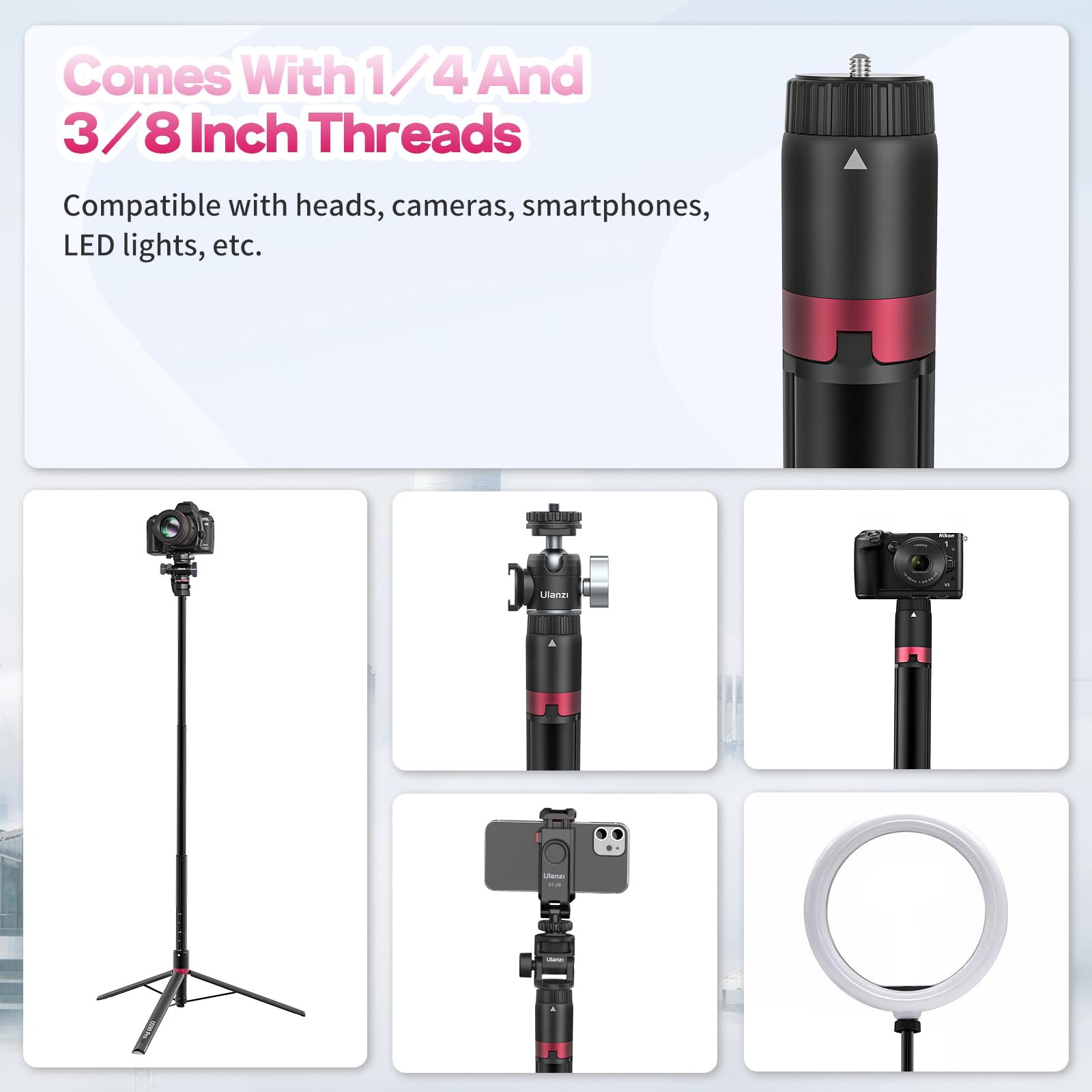 Ulanzi At-01 Extendable Light Stand Tripod, 59" Portable Vlog Camera Tripod Stand, Aluminum Camera Tripod For Camera Video Light Smartphone, Lightweight For Travel