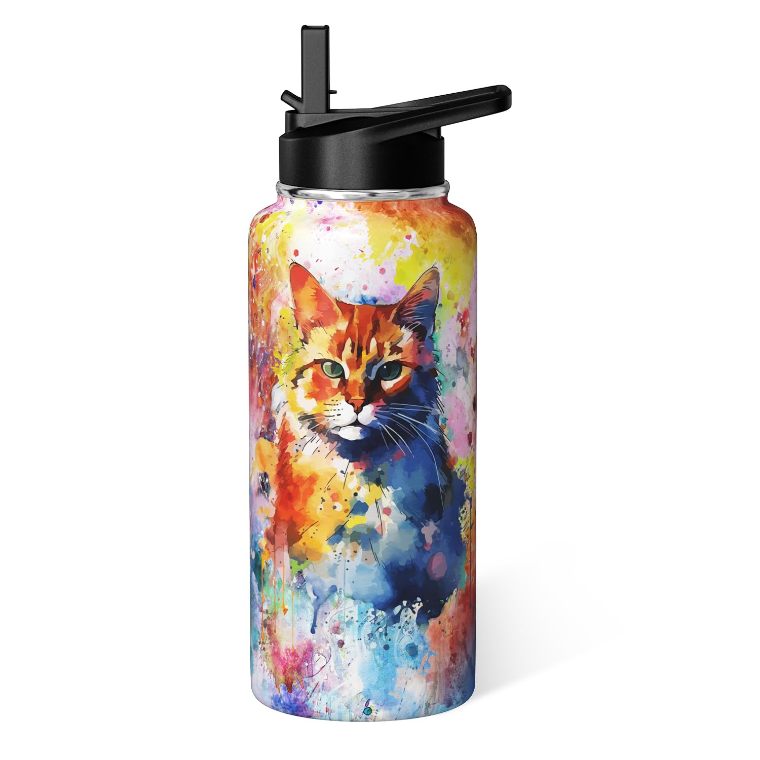 Cat Water Bottle 32Oz Vacuum Insulated Funny Water Bottles Thermos With Straw Lid