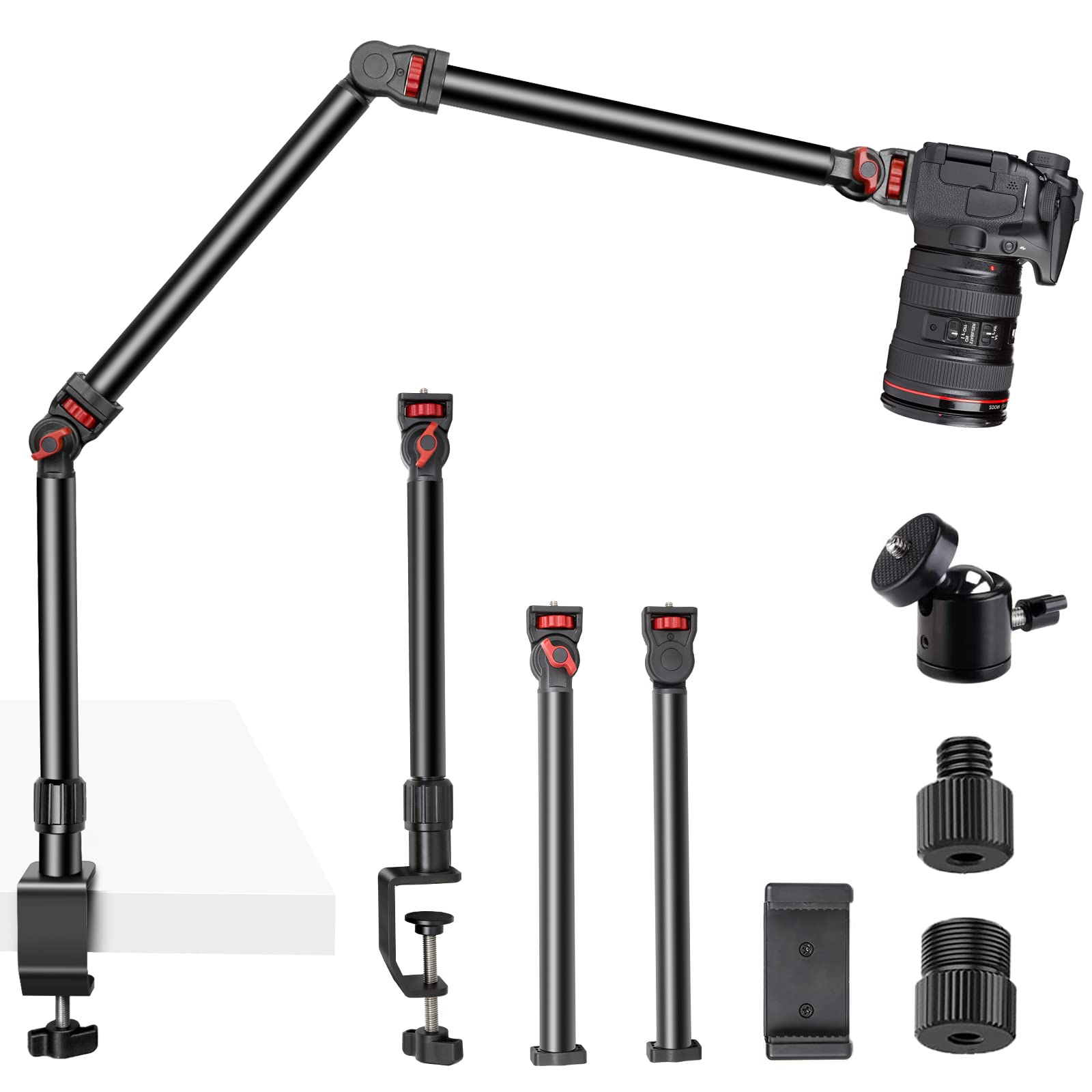 Foutoukeep Overhead Camera Mount With 1/4“ 3/8" 5/8" Screws, Adjustable 3-Section Camera Desk Mount With 180° Range & 360° Base Dslr Camera Stand