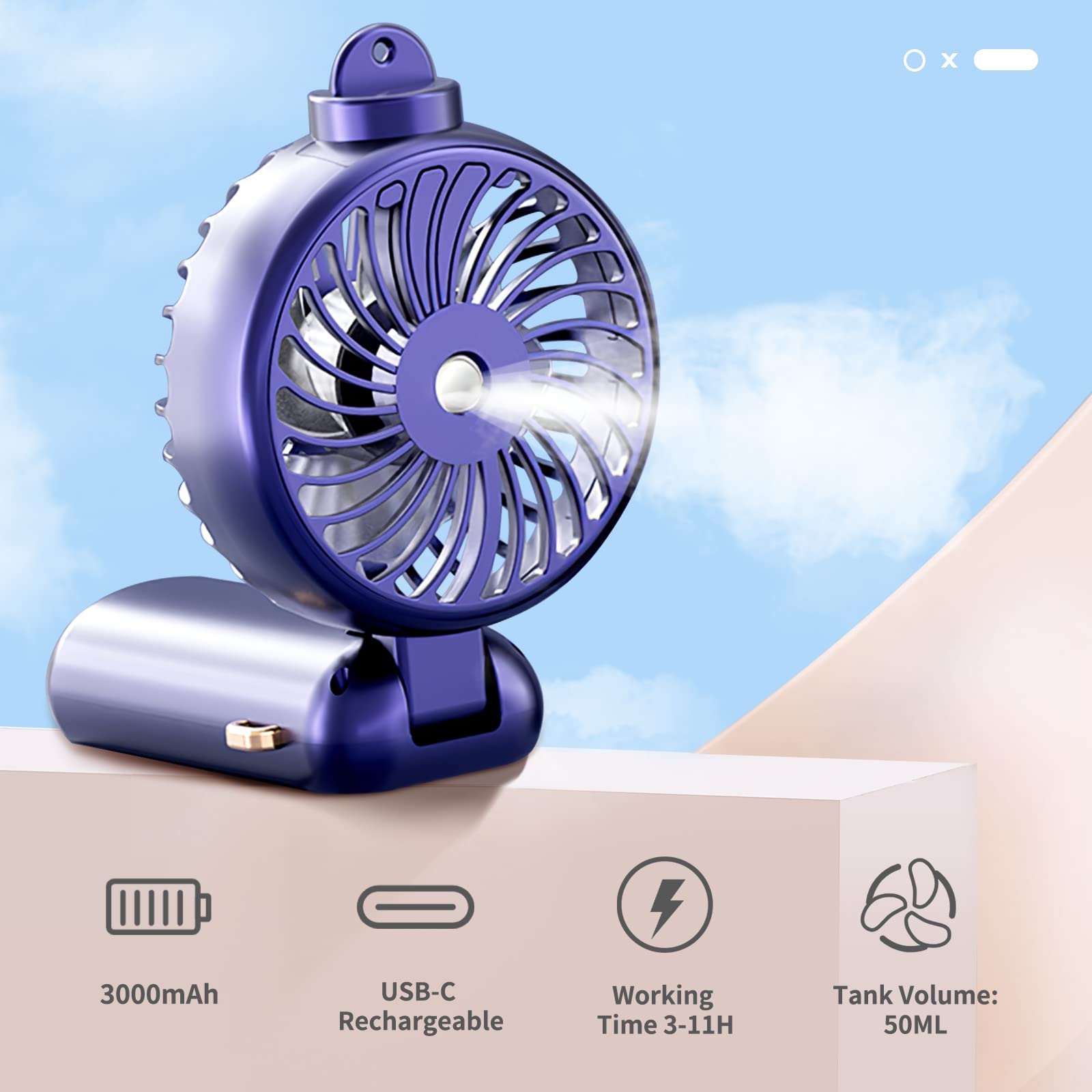 Portable Handheld Misting Fan,Rechargeable Travel Mister Fan, 3000Mah Battery Operated Personal Fan