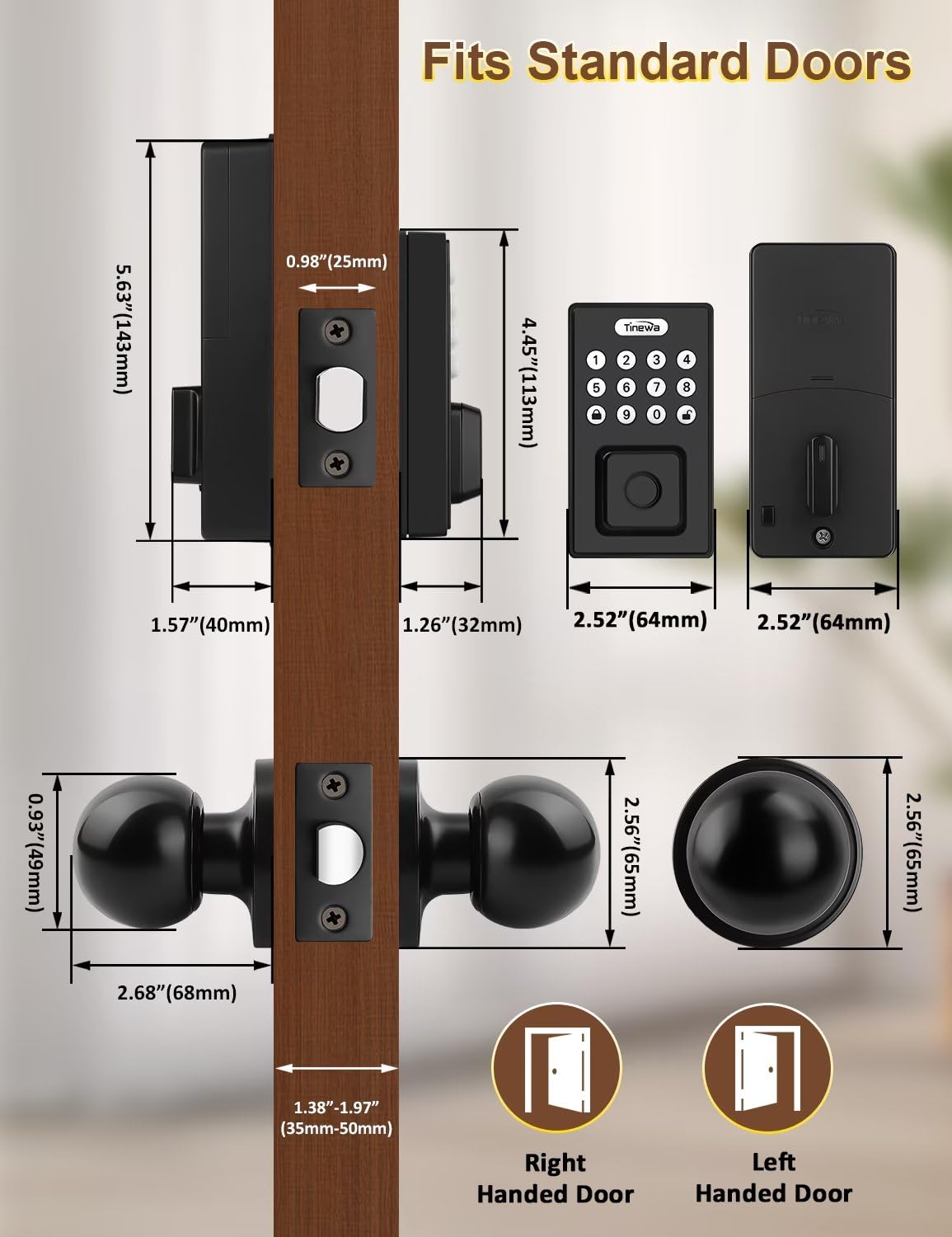 Tia Keyless Entry Door Lock With Door Knobs, Fingerprint Entry Door Handleset, Electronic Digital Keypad Deadbolt With App, Auto Lock & One Touch Locking, Front Smart Door Handle Sets, Black