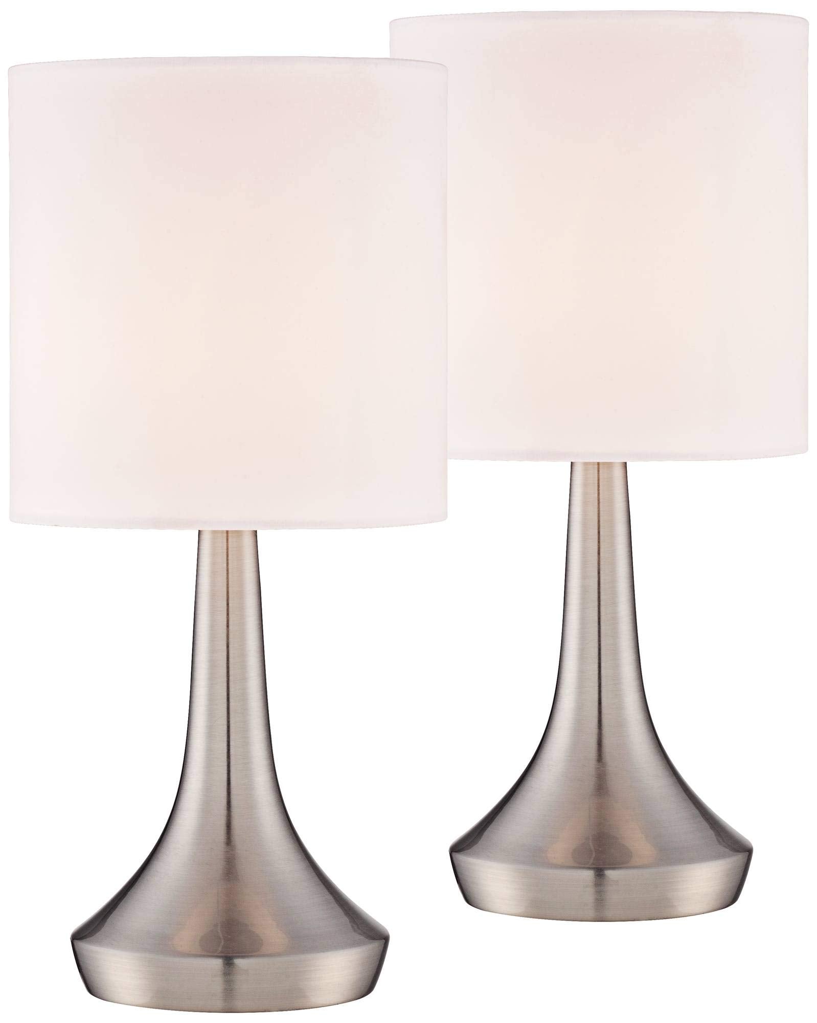 360 Lighting Zofia Modern Accent Table Lamps 13" Tall Set Of 2 Brushed Nickel Silver Tapered Metal Touch On Off White Fabric Drum Shade For Bedroom House Bedside Nightstand Office Entryway
