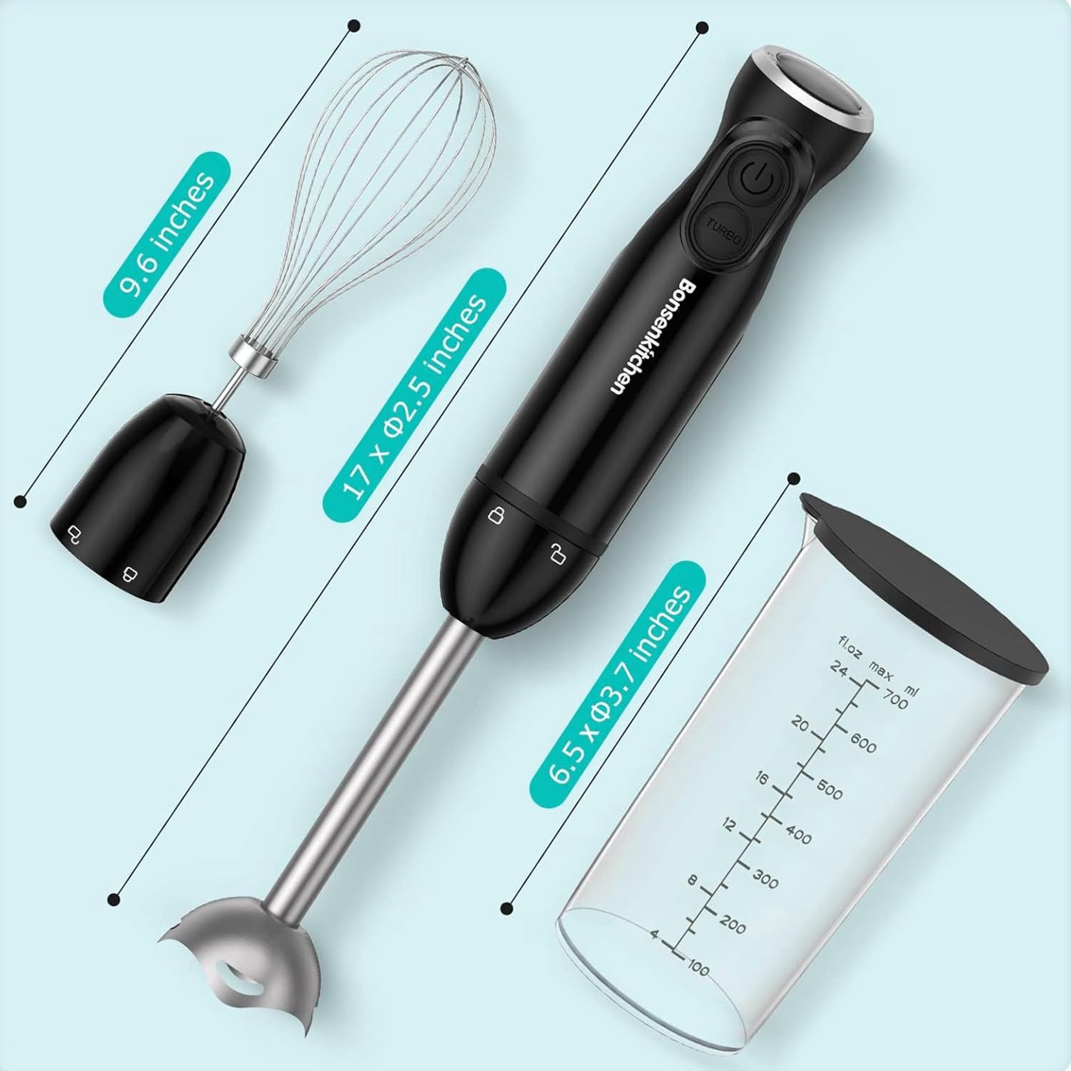 Bonsenkitchen Immersion Blender, 12-Speed & Turbo, Electric Stick Blender With Sharp Blades, Egg Whisk, 24Oz Beaker, Perfect For Soups, Smoothies, Sauces, Easy Clean, Versatile
