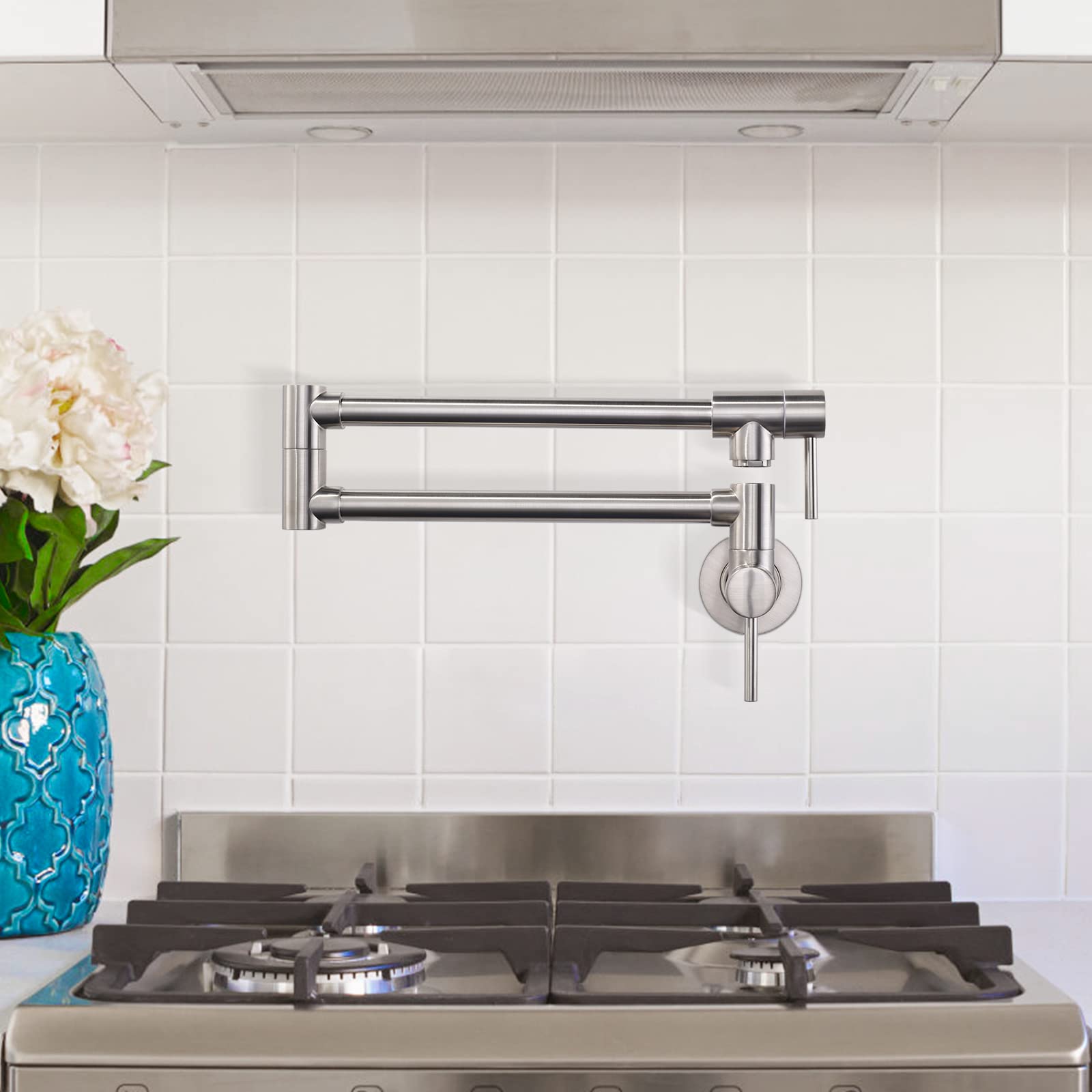 Aleasha Brass Made Pot Filler Faucets, Brushed Nickel Kitchen Sink Pot Filler, Wall Mount Folding Kitchen Pot Filler Faucet, Retractable Single Hole Pot Filler With Two Handles For Sink Stove